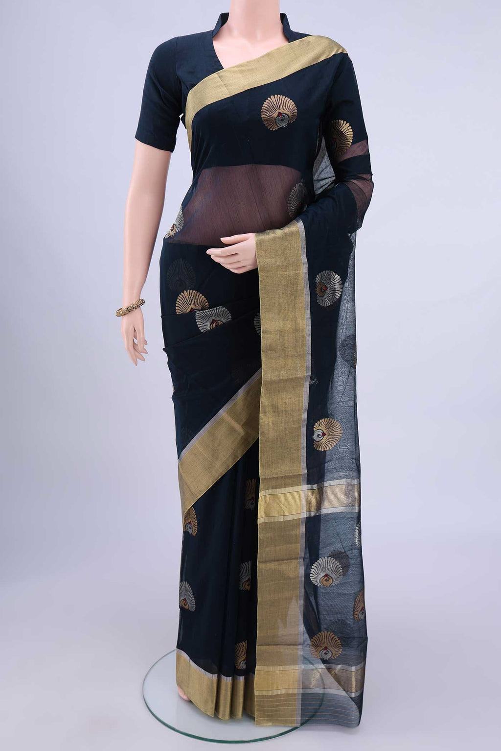 Navy Blue Chanderi Silk Cotton Saree