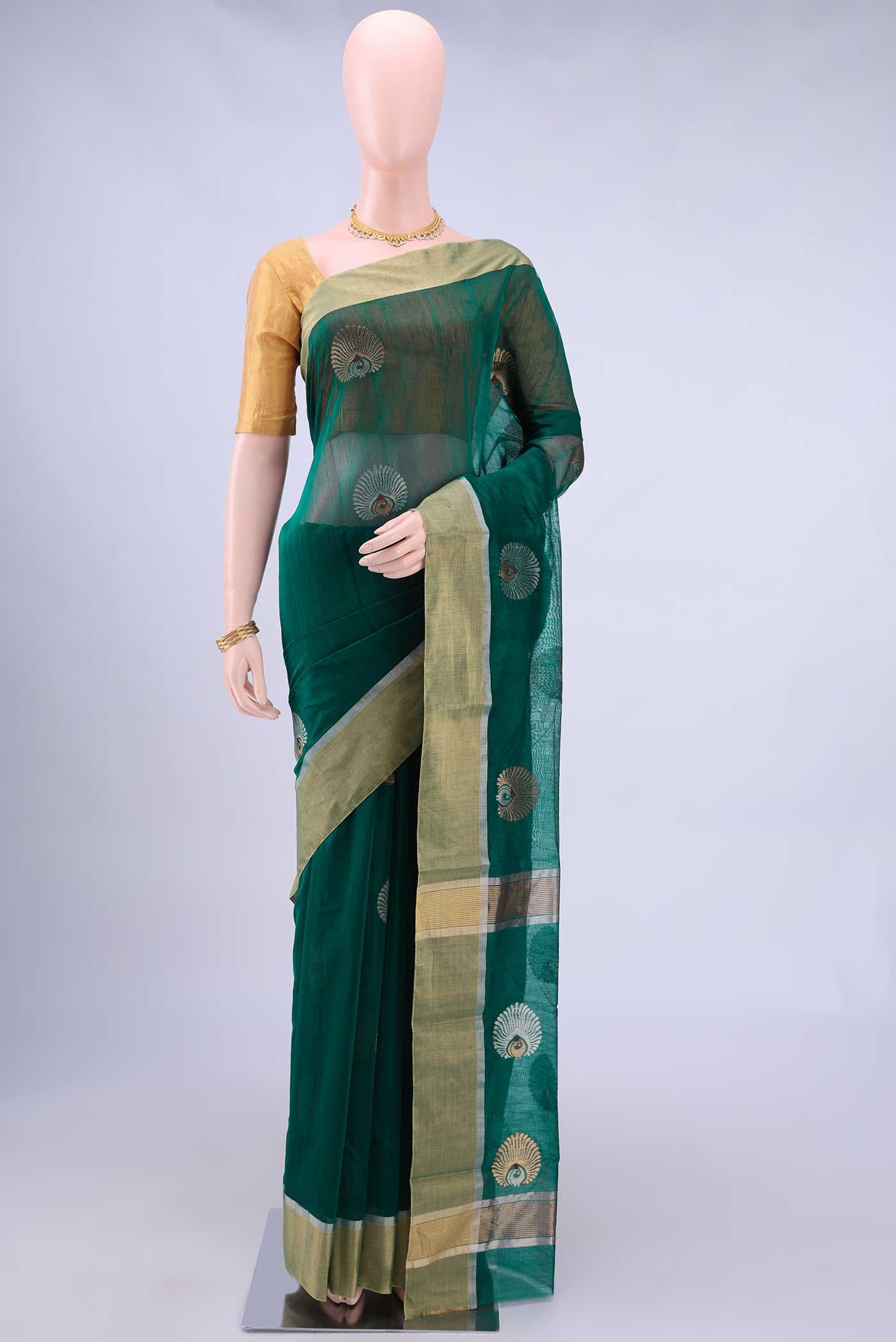 Peacock Blue Chanderi Silk Cotton Saree