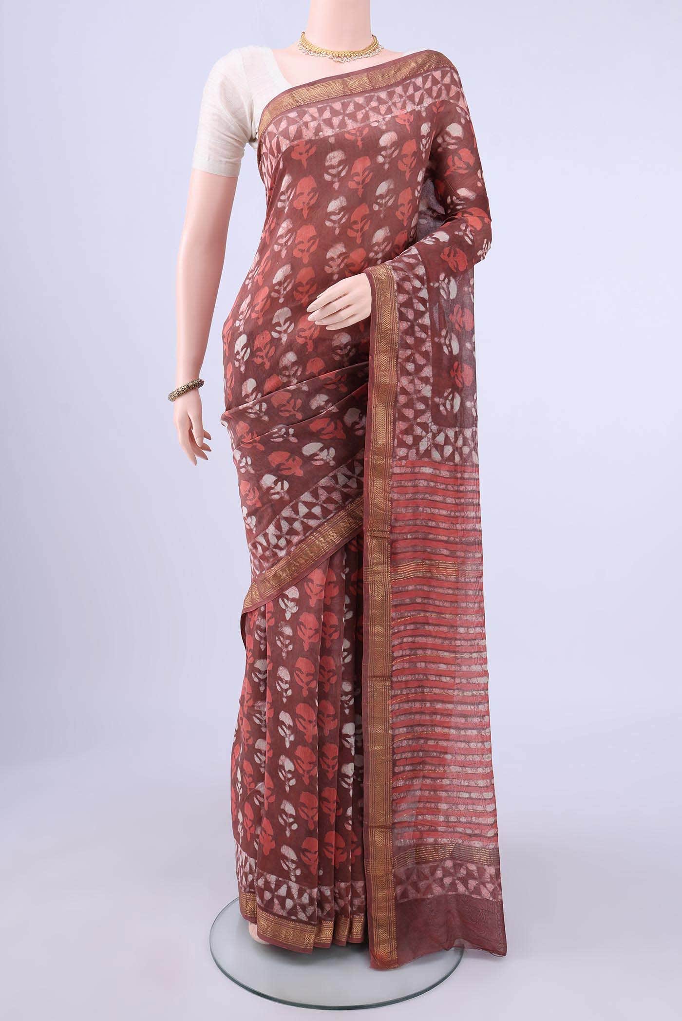 Rust Maheshwari Silk Cotton Saree
