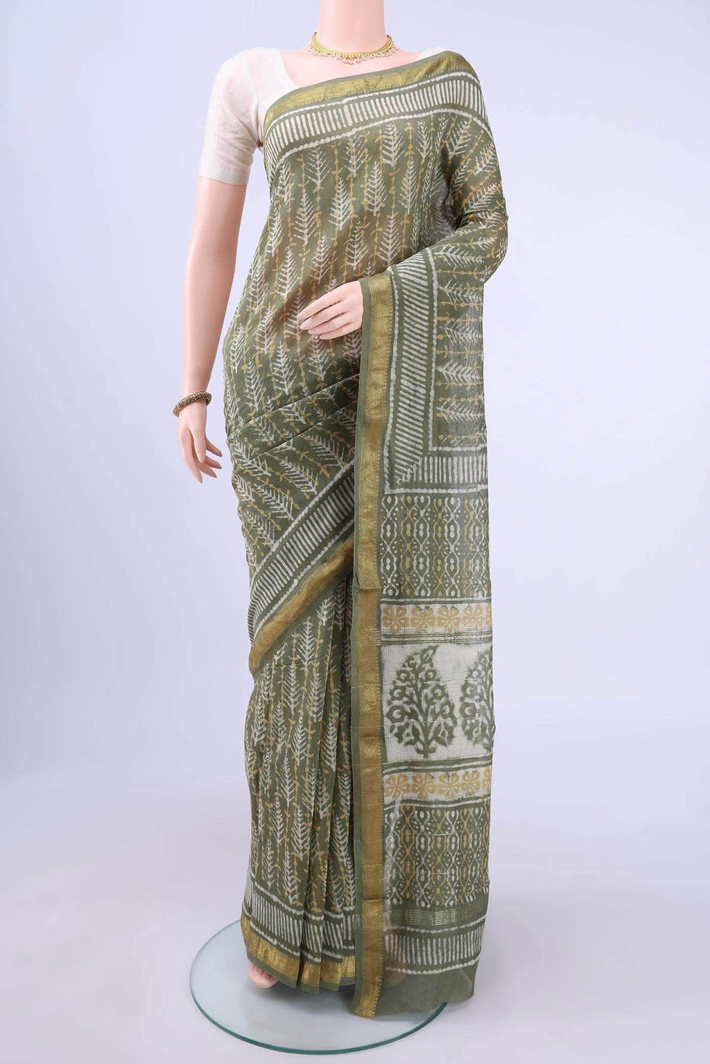 Light Green Maheshwari Silk Cotton Saree