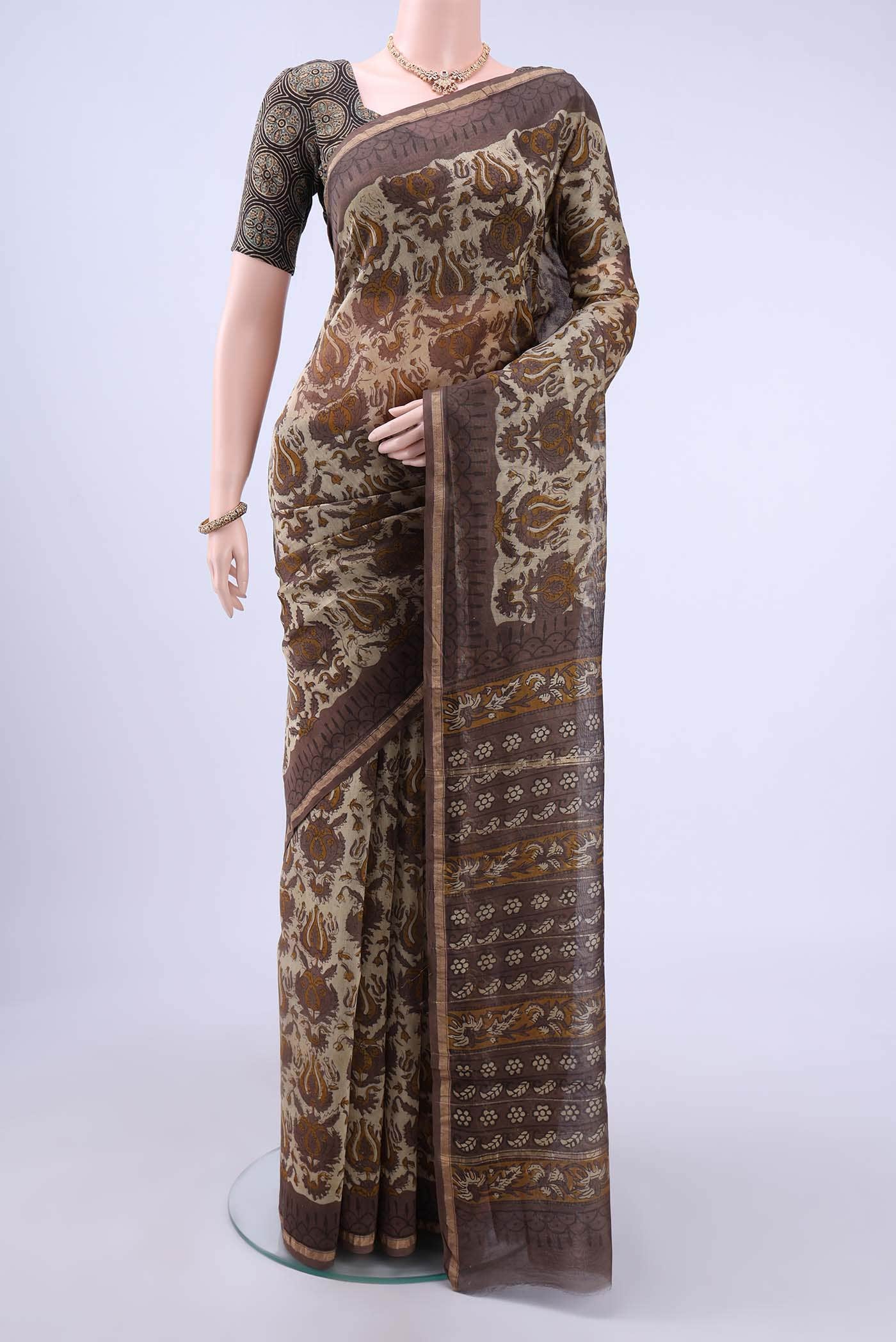 Beige Chanderi Silk Cotton Saree