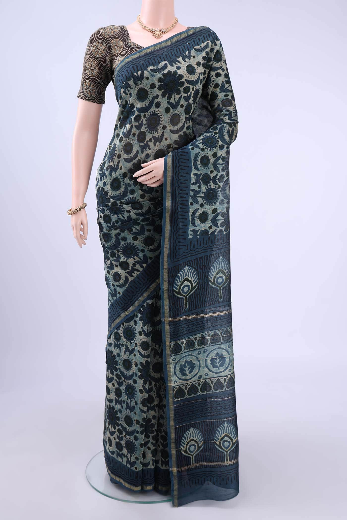 Indigo Chanderi Silk Cotton Saree