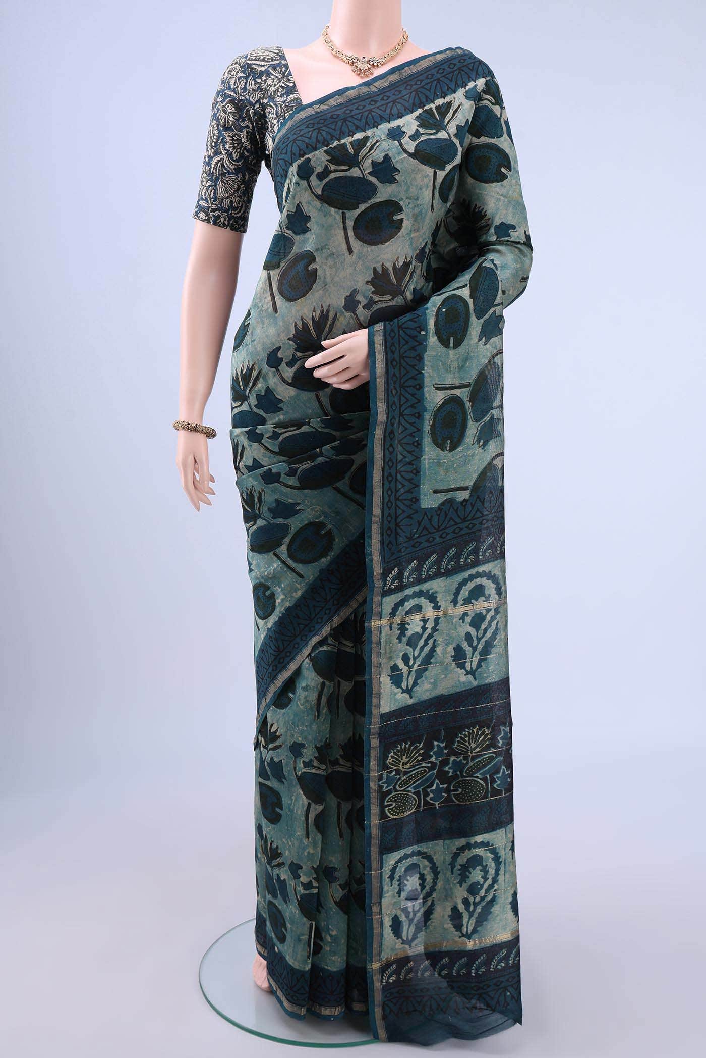 Indigo Chanderi Silk Cotton Saree