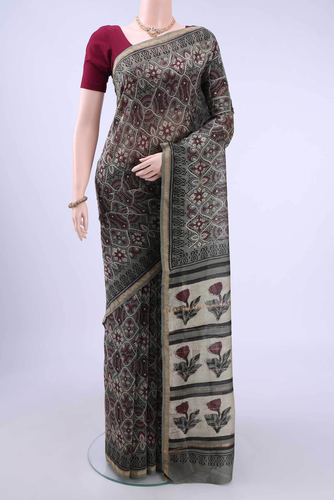 Davys Grey Chanderi Silk Cotton Saree