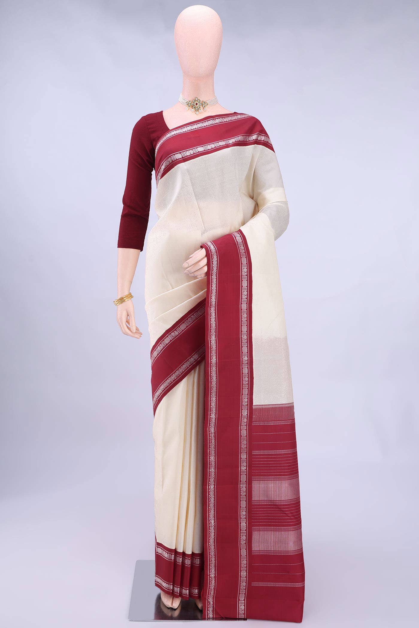 Off White Kanchipuram Silk Saree