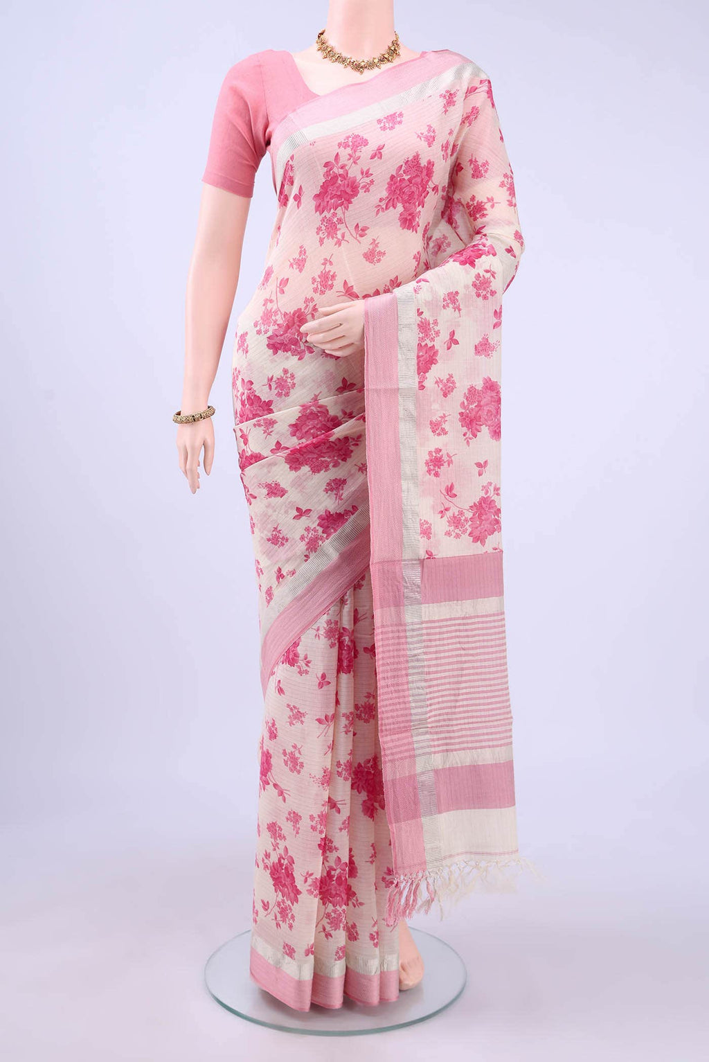 Off White Printed Cotton Saree