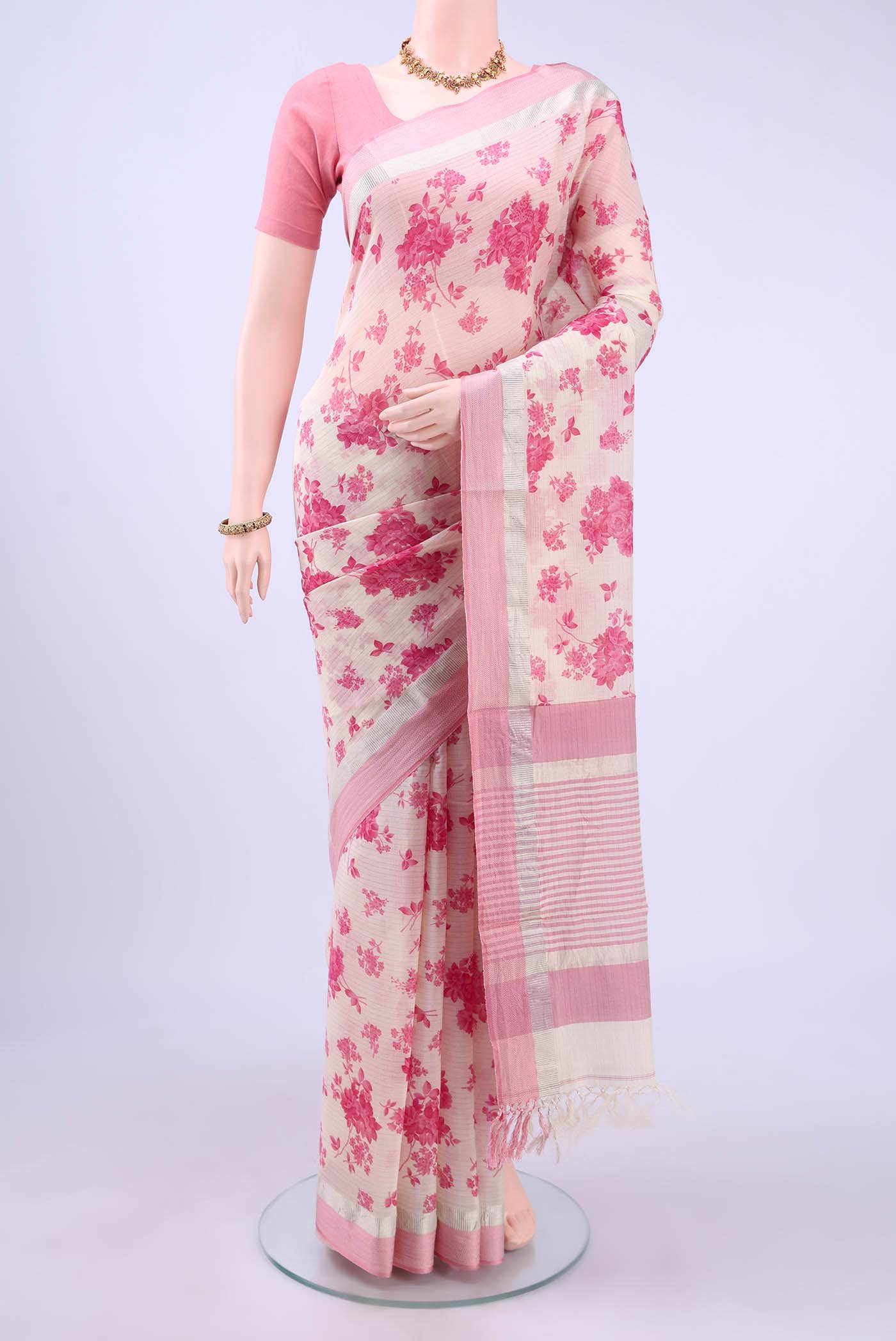 Off White Printed Cotton Saree