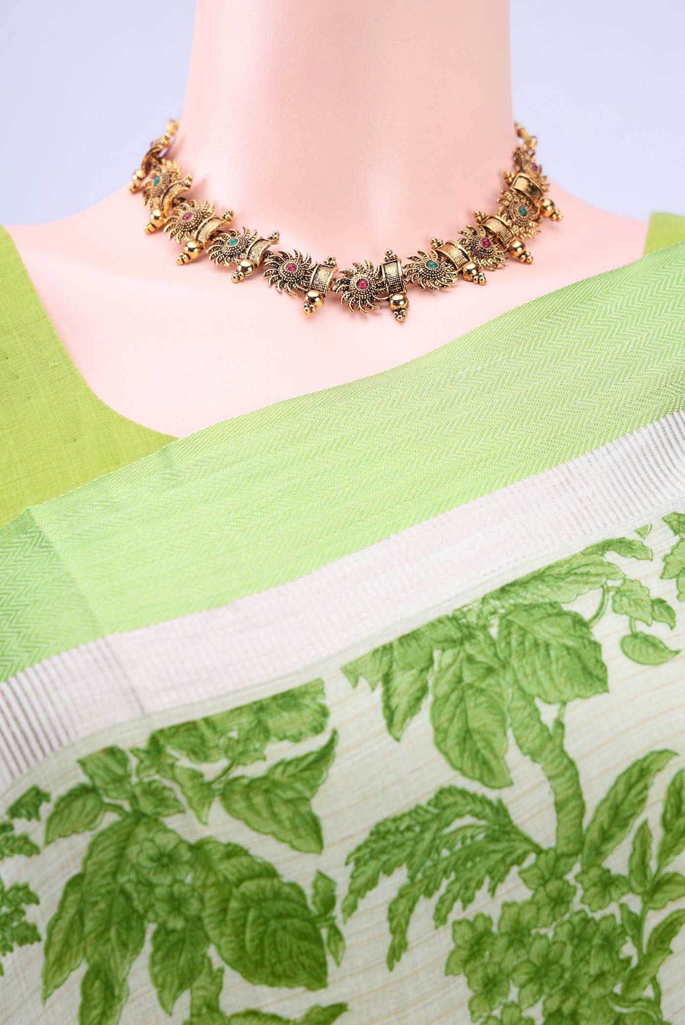Off White Blended Printed Silk Saree