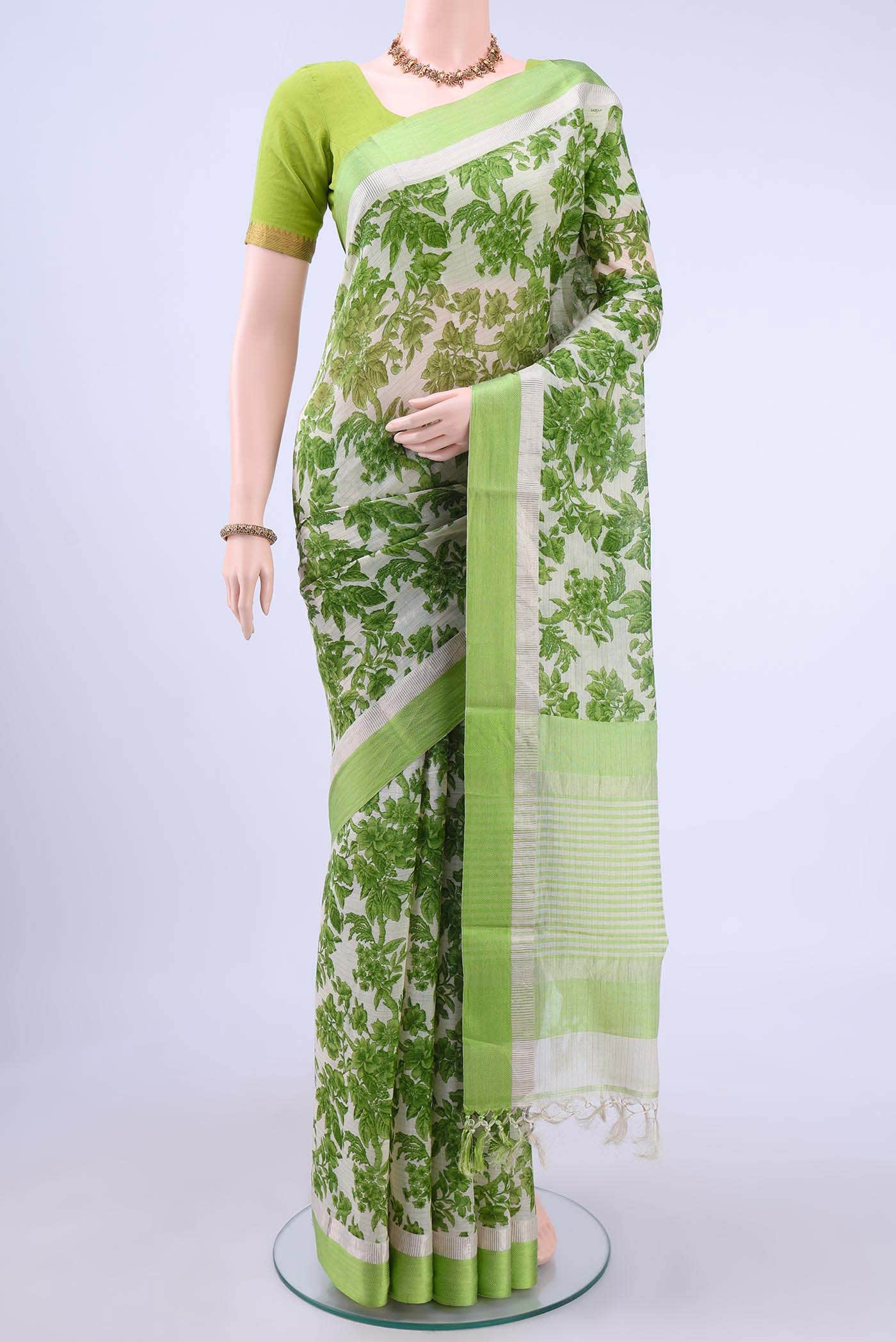 Off White Blended Printed Silk Saree