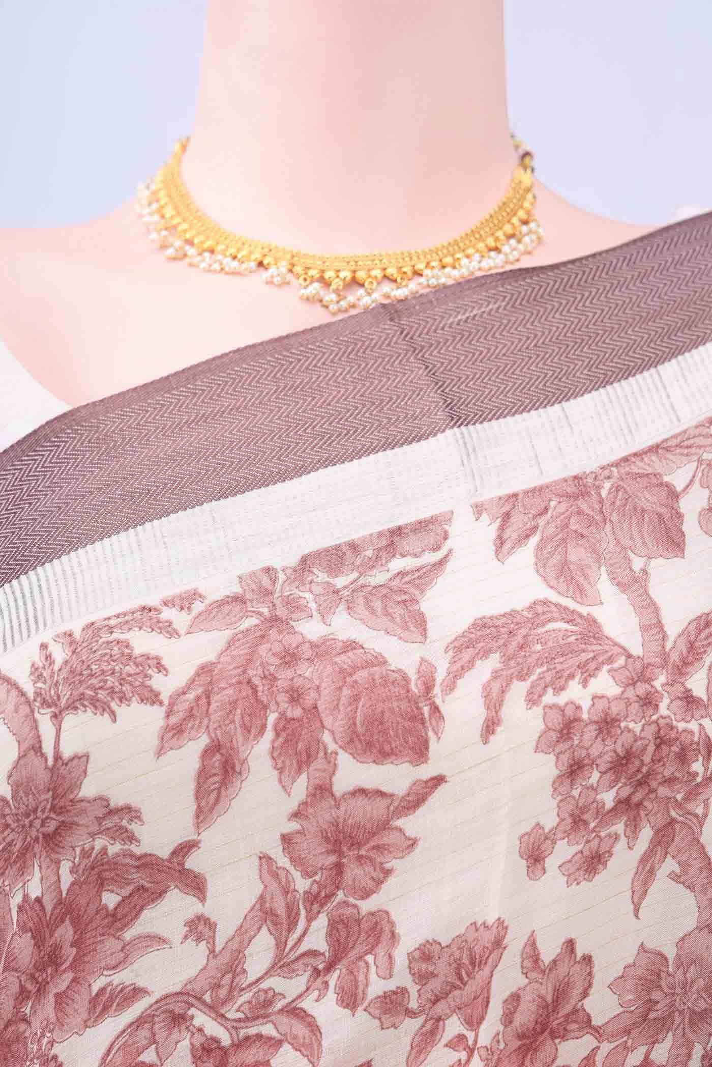 Off White Blended Printed Silk Saree
