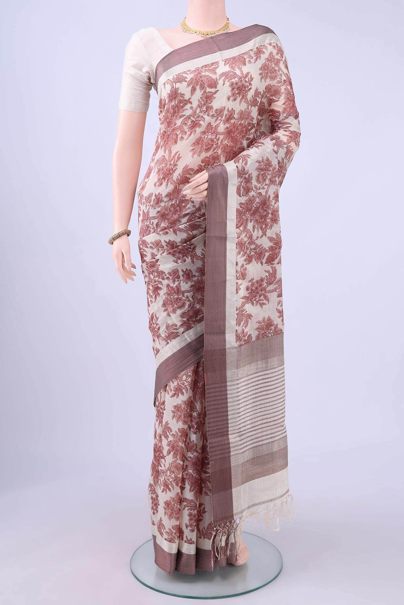 Off White Blended Printed Silk Saree