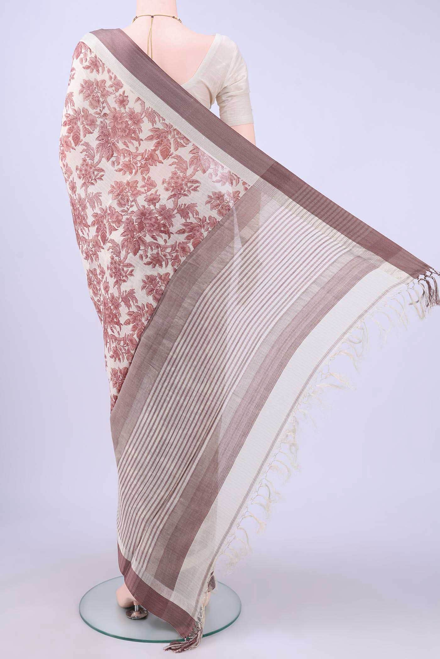 Off White Blended Printed Silk Saree