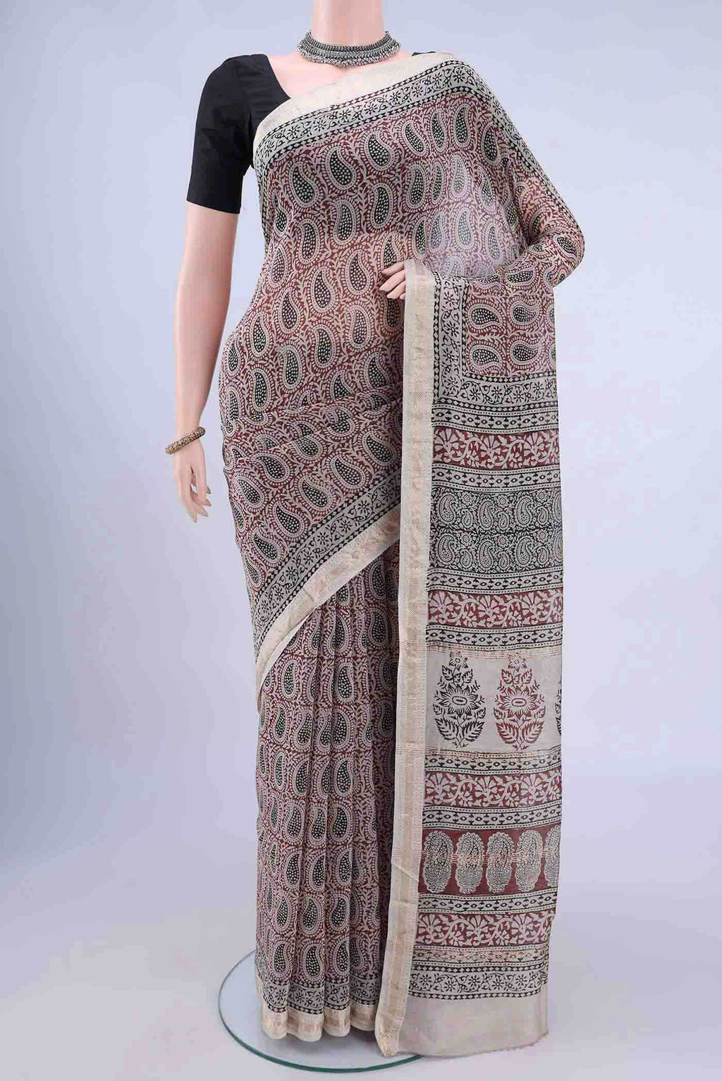 Beige Maheshwari Silk Saree