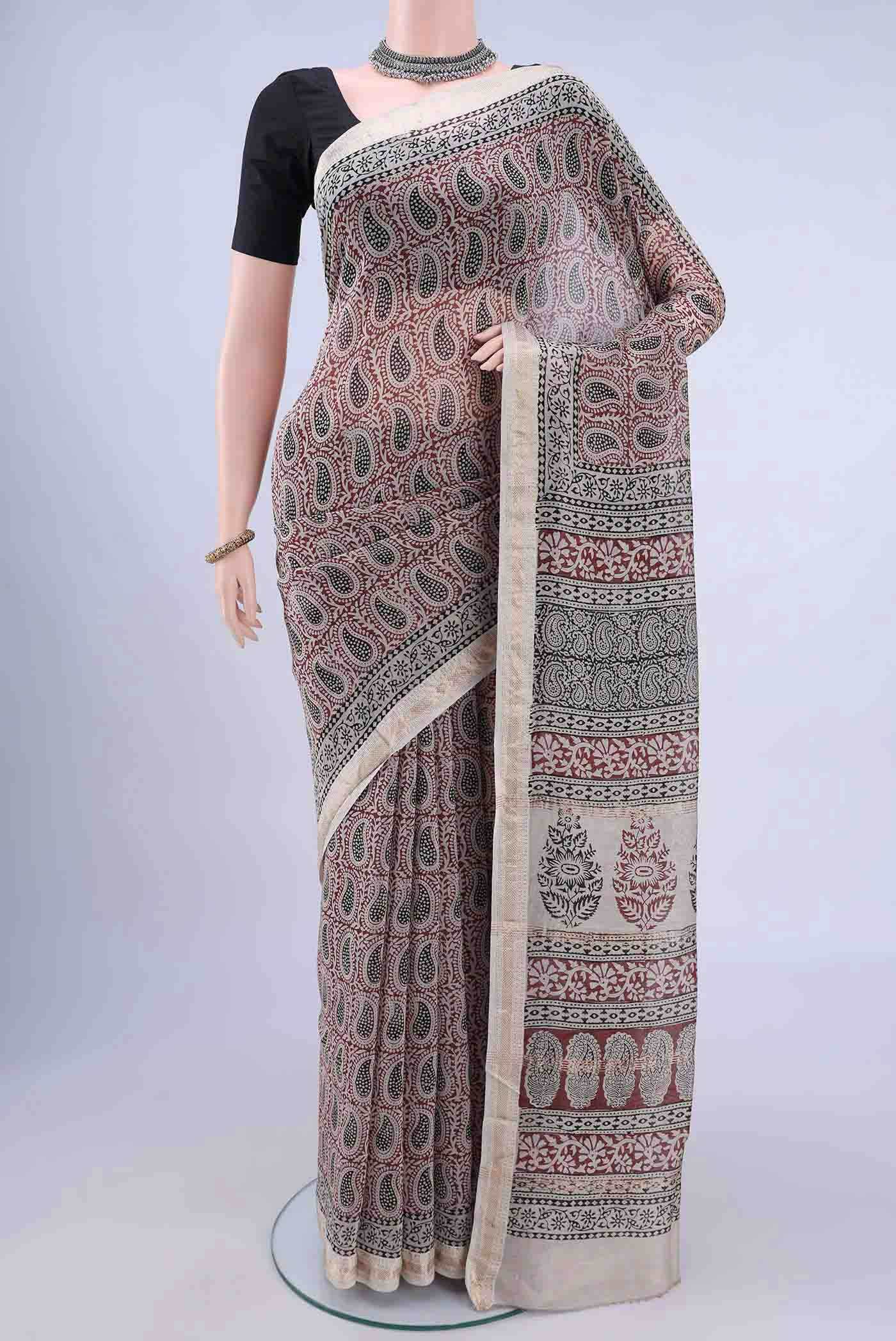 Beige Maheshwari Silk Saree