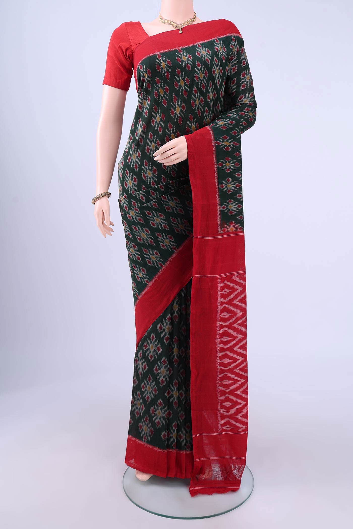 Bottle Green Pochampally Cotton Saree