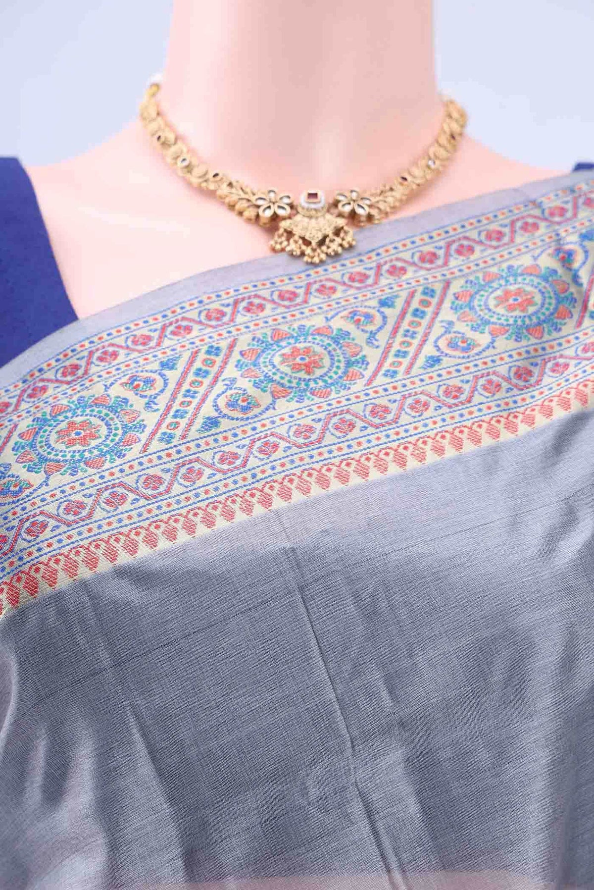 Blue Grey Banarasi Silk Saree