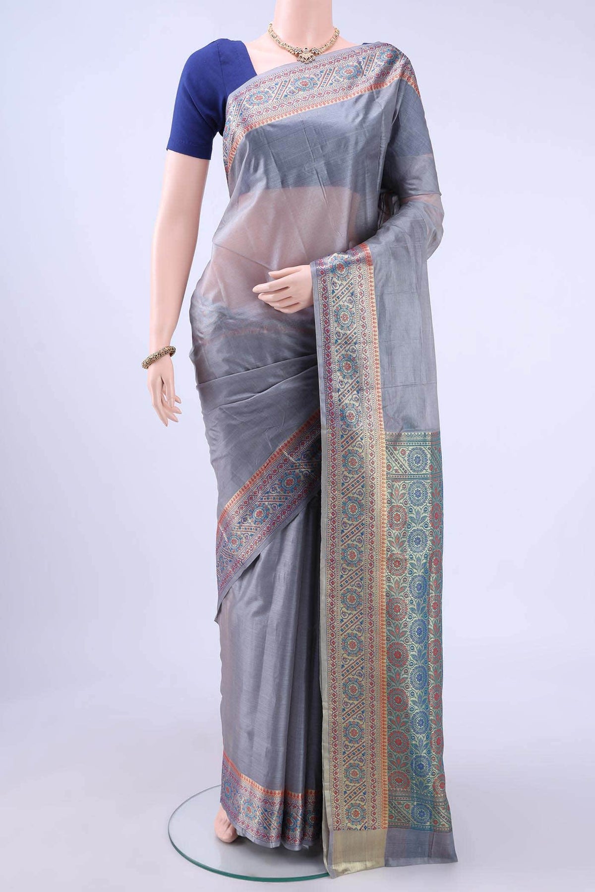 Blue Grey Banarasi Silk Saree
