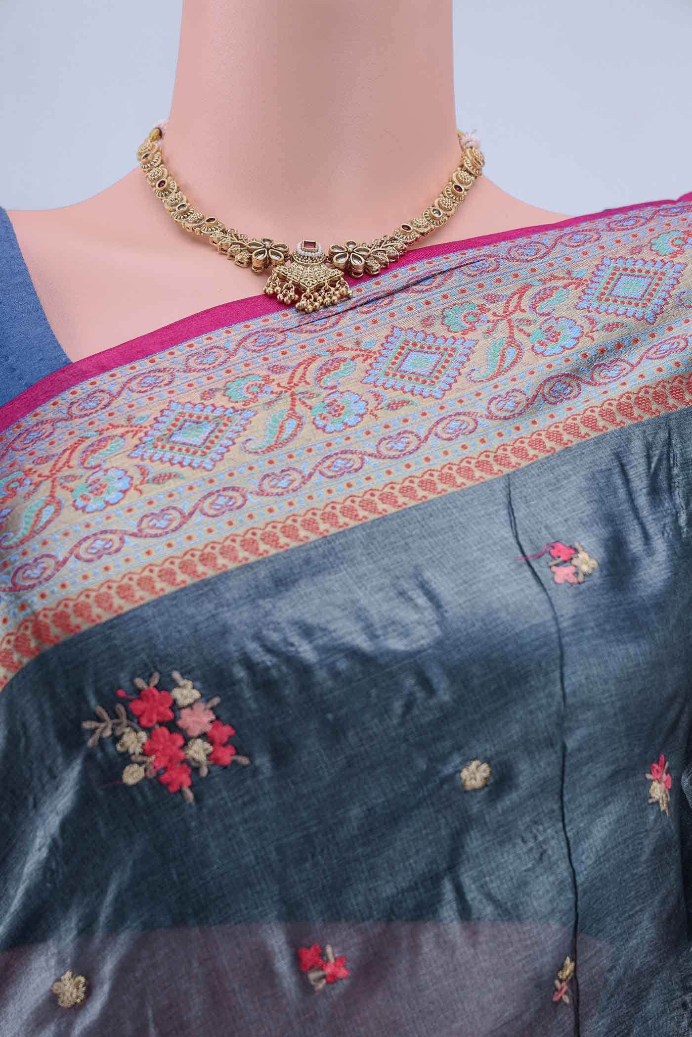 Blue Grey Banarasi Silk Saree