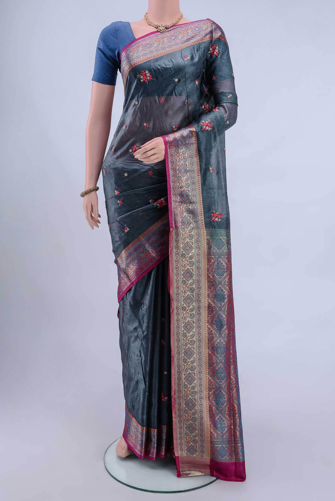 Blue Grey Banarasi Silk Saree