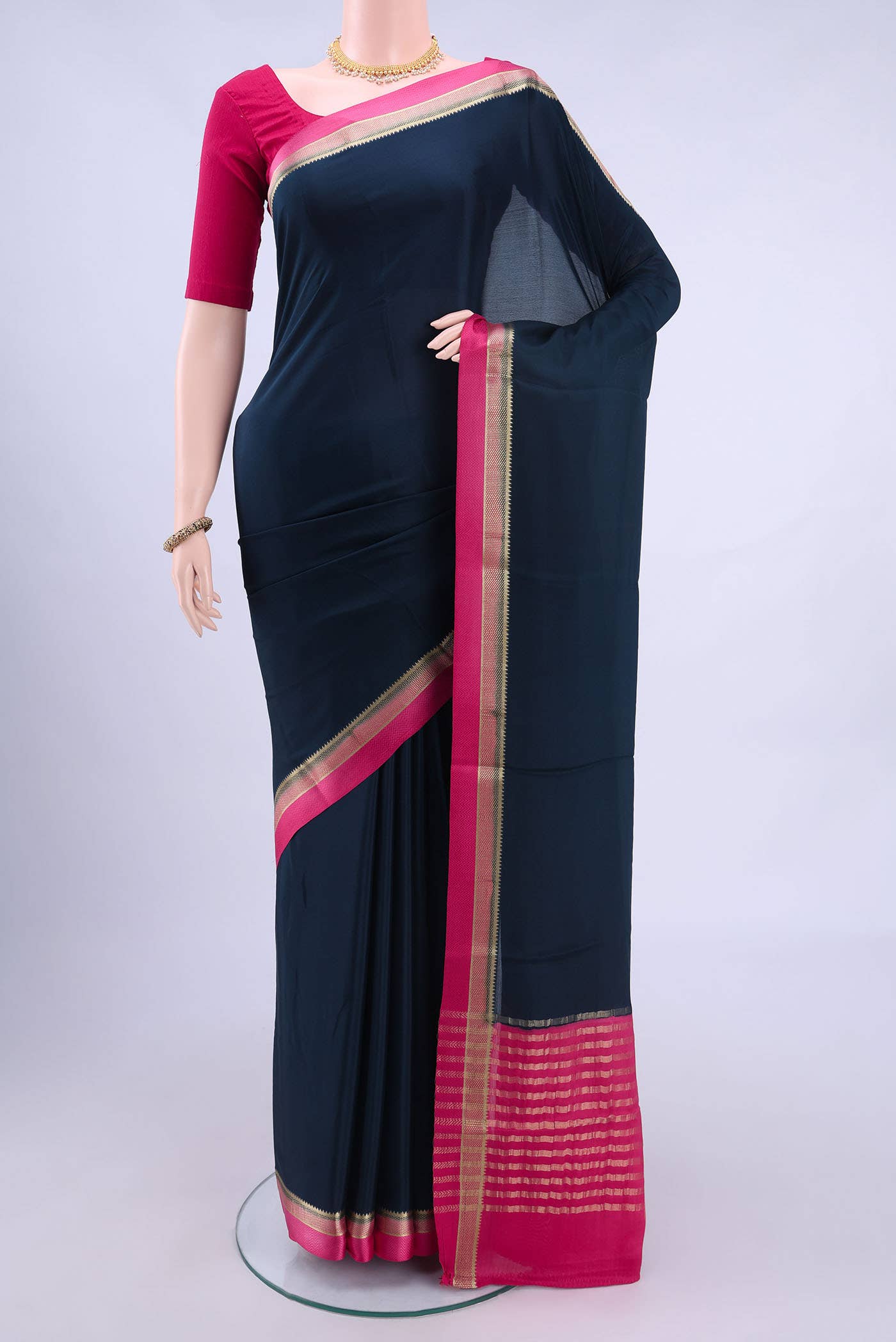 Navy Blue Mysore Crepe Saree