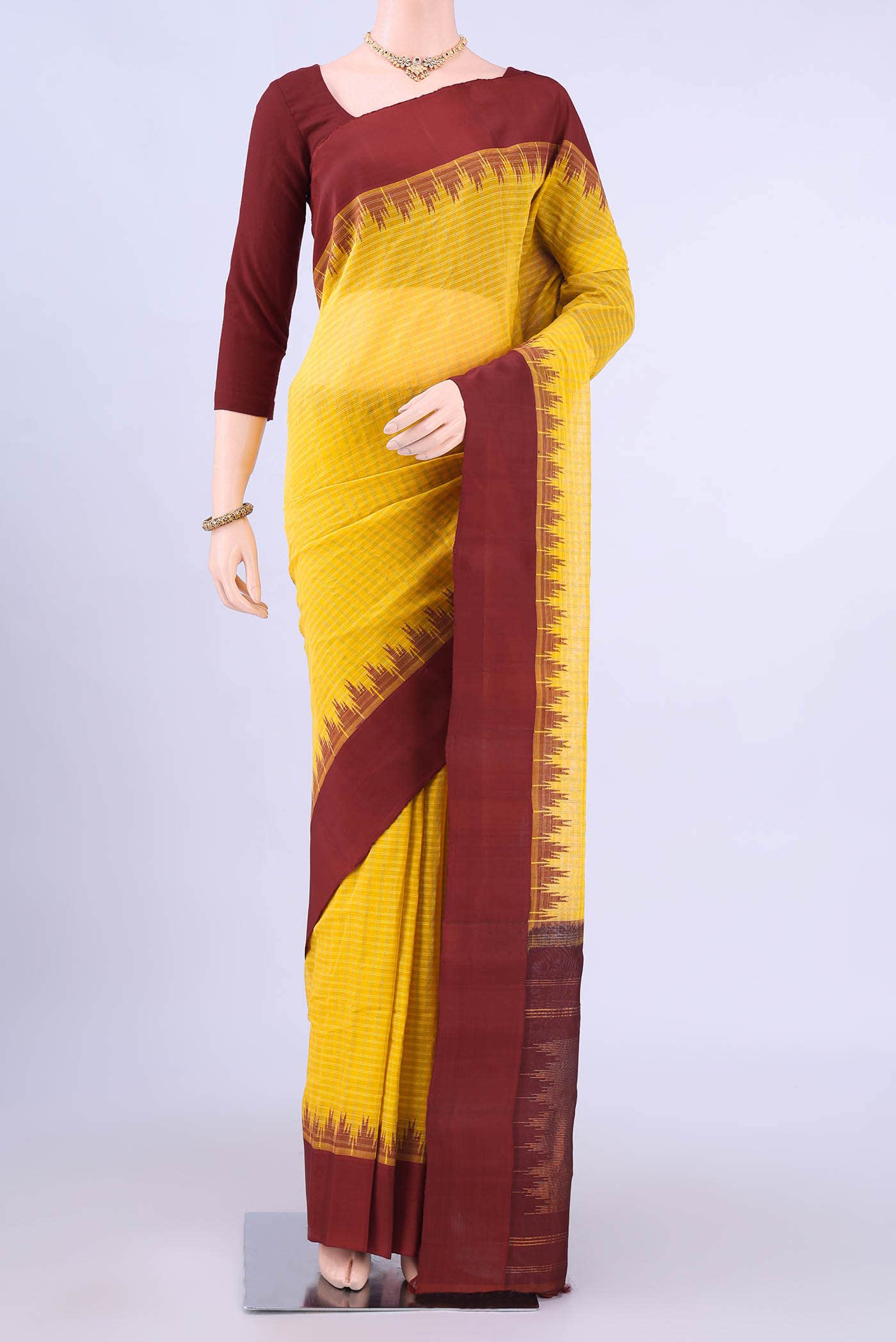 Lemon Yellow Gadwal cotton Saree