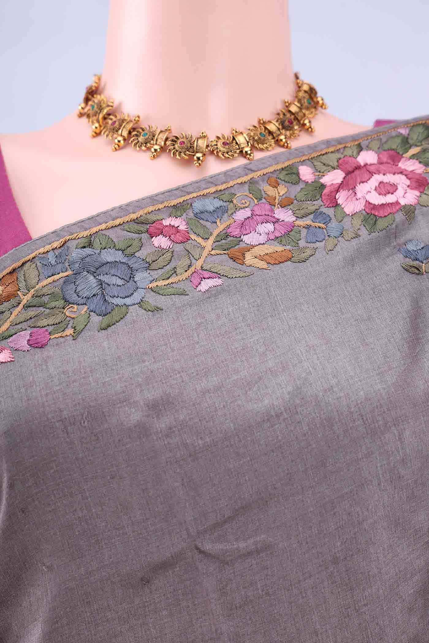 Davys Grey Parsi Embroidery Saree