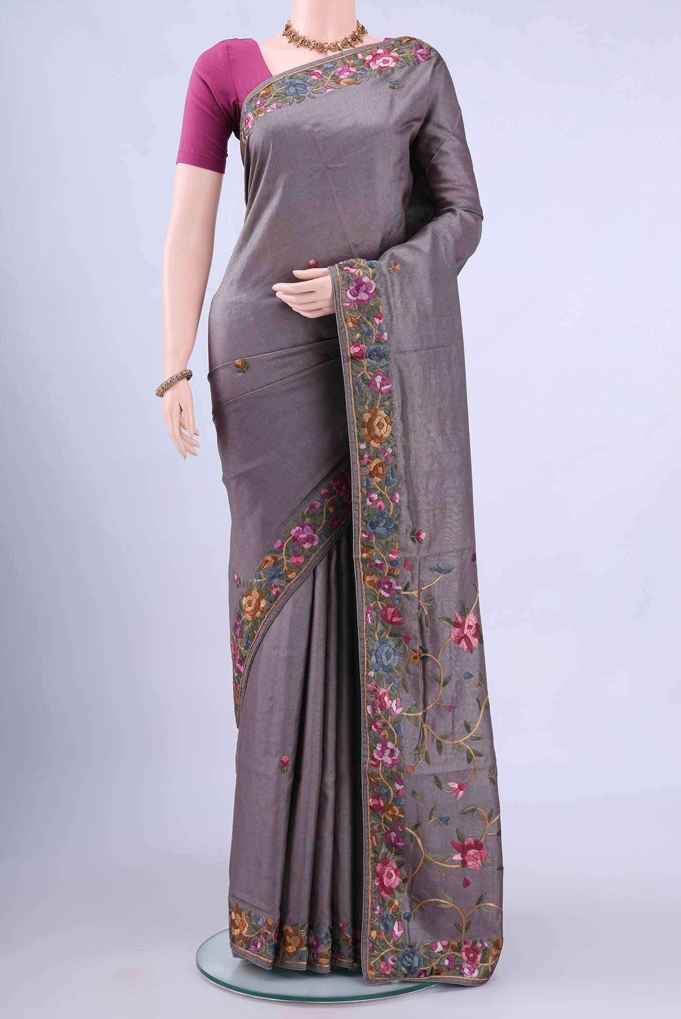 Davys Grey Parsi Embroidery Saree