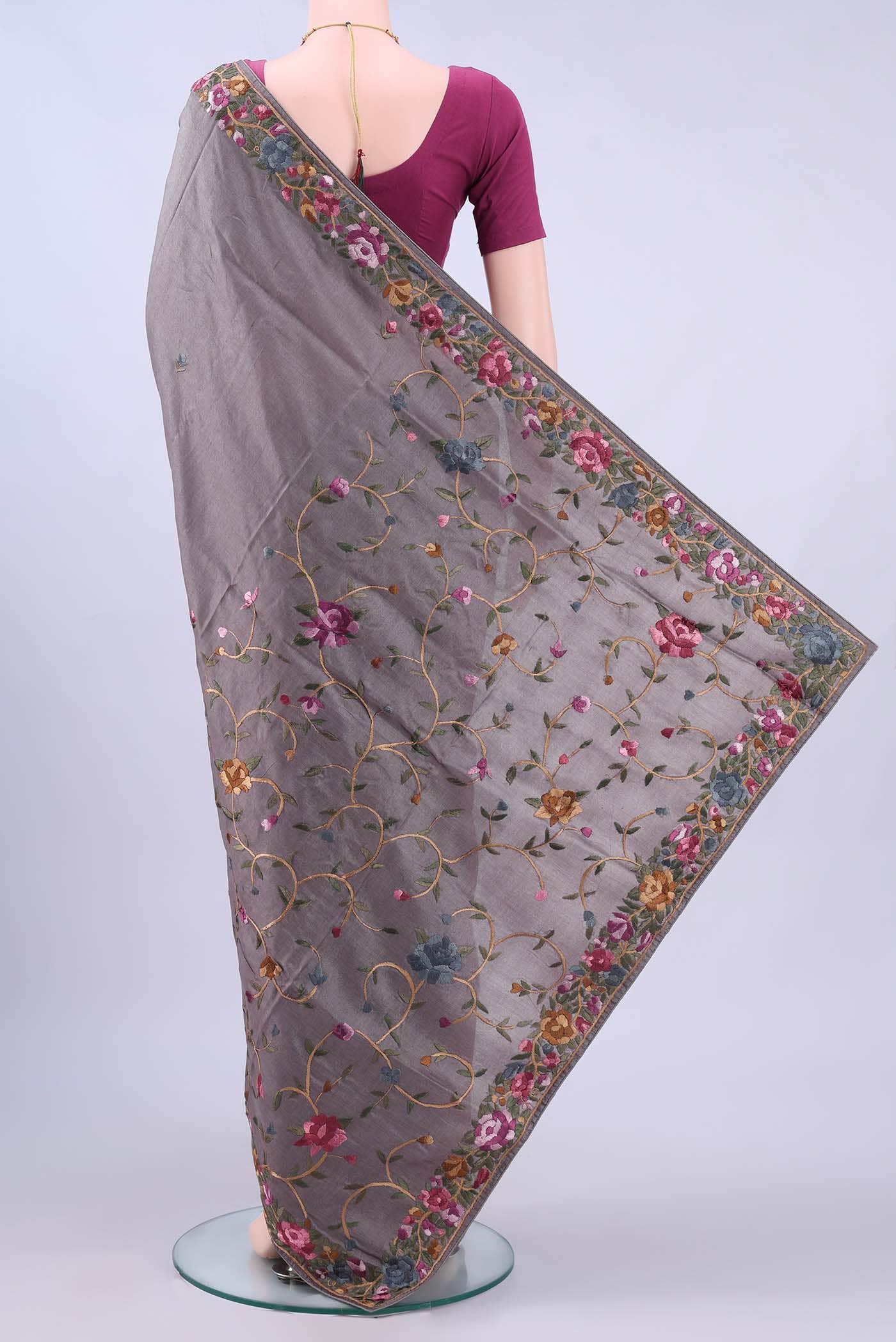 Davys Grey Parsi Embroidery Saree