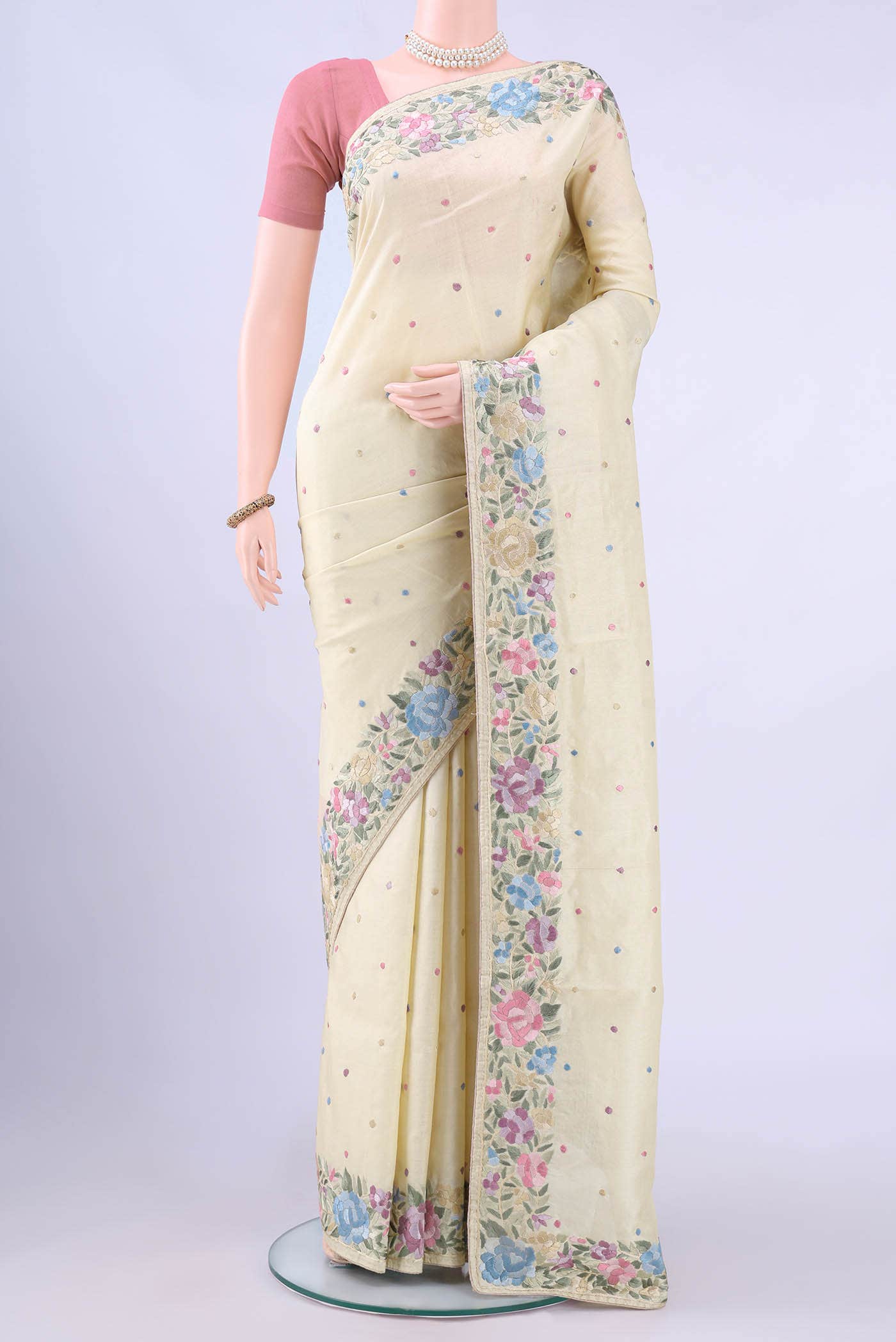 Cream Kantha Silk Saree