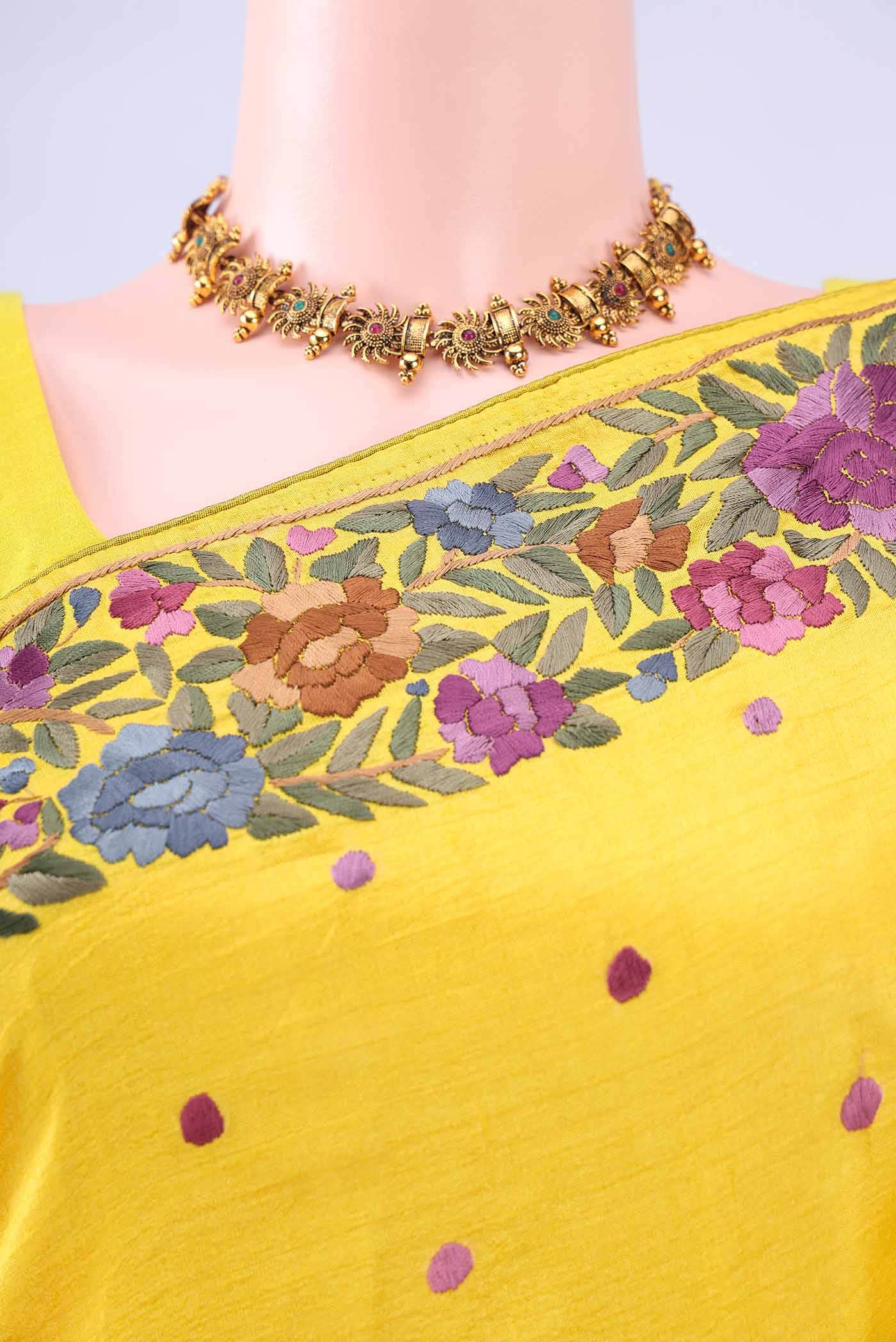 Yellow Parsi Embroidery Saree
