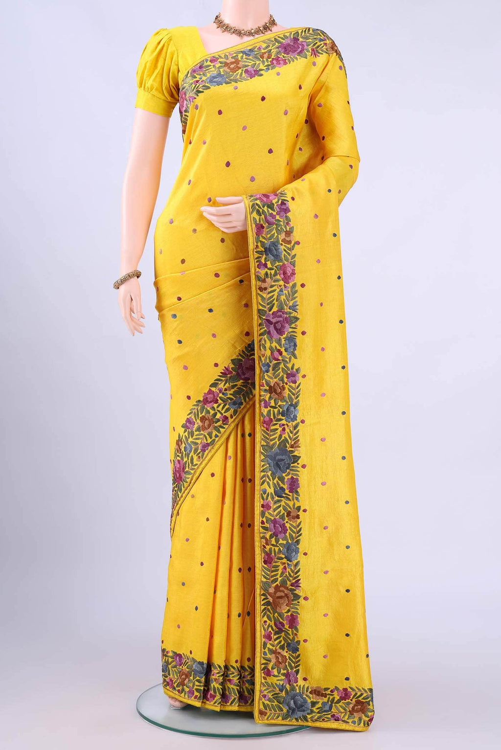 Yellow Parsi Embroidery Saree