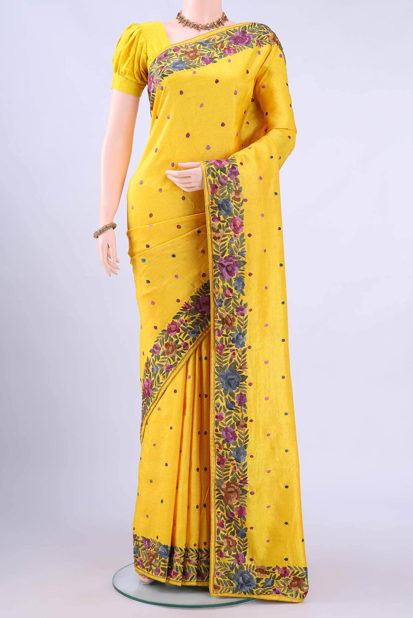Yellow Parsi Embroidery Saree