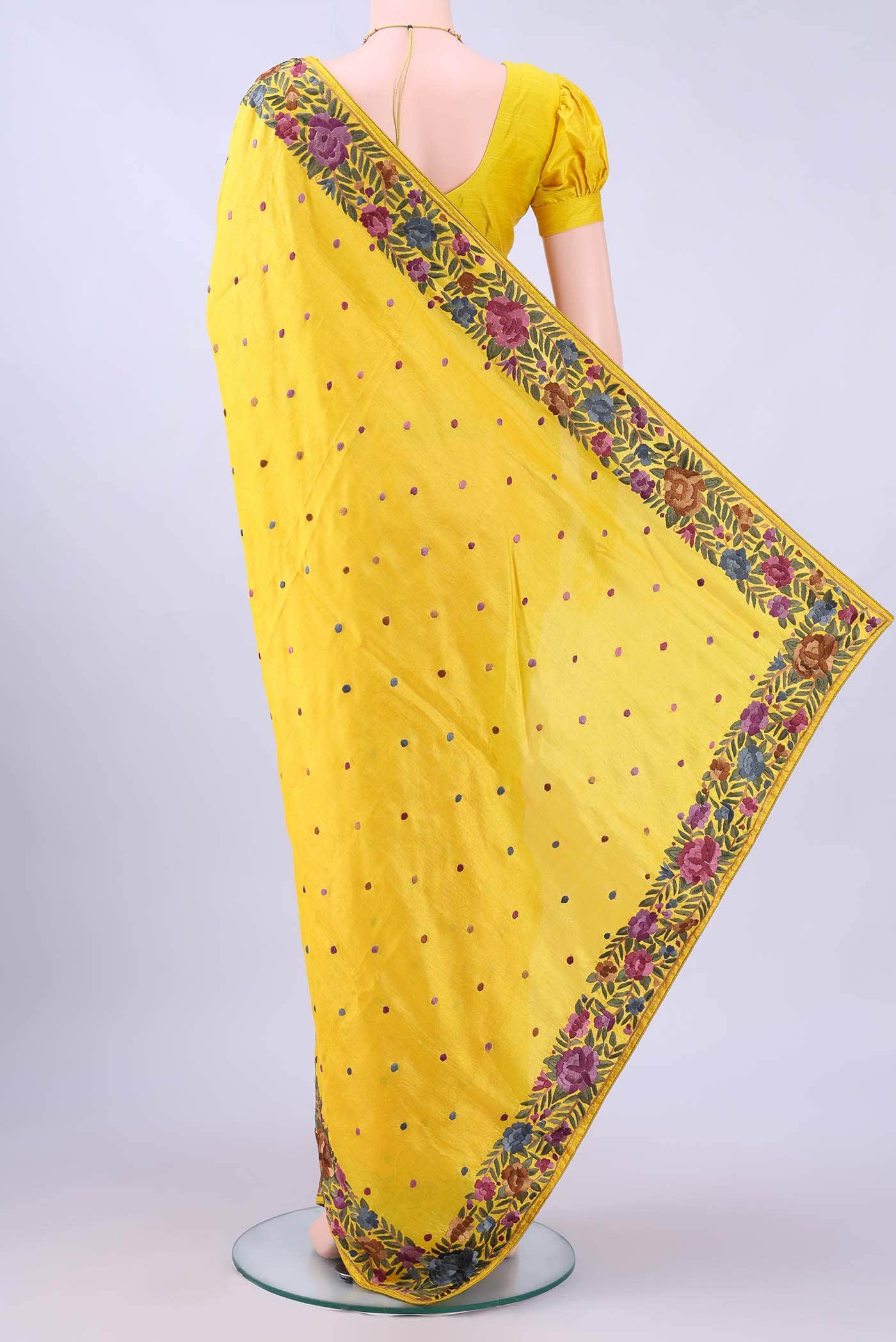 Yellow Parsi Embroidery Saree