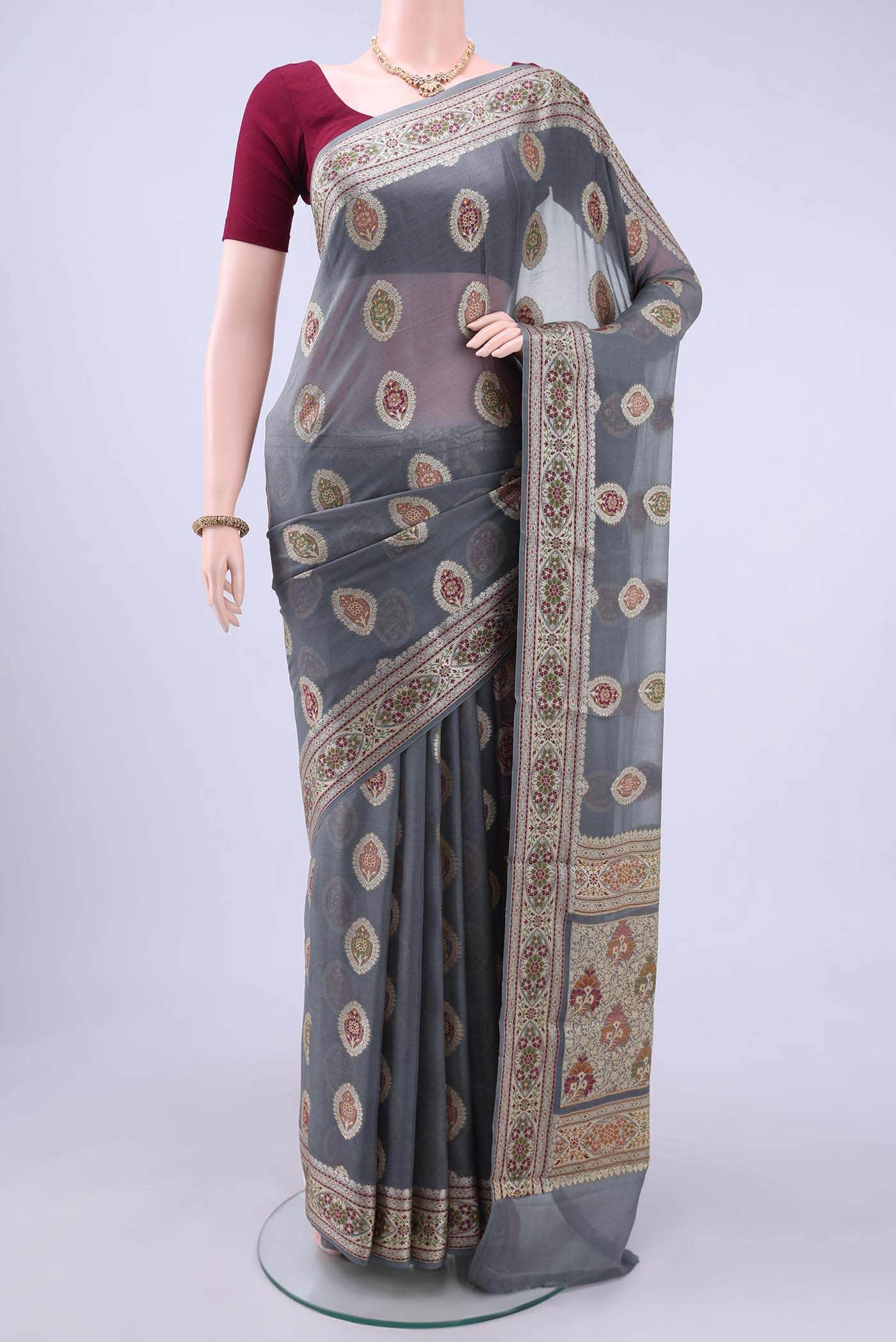 Davys Grey Banarasi Georgette Saree