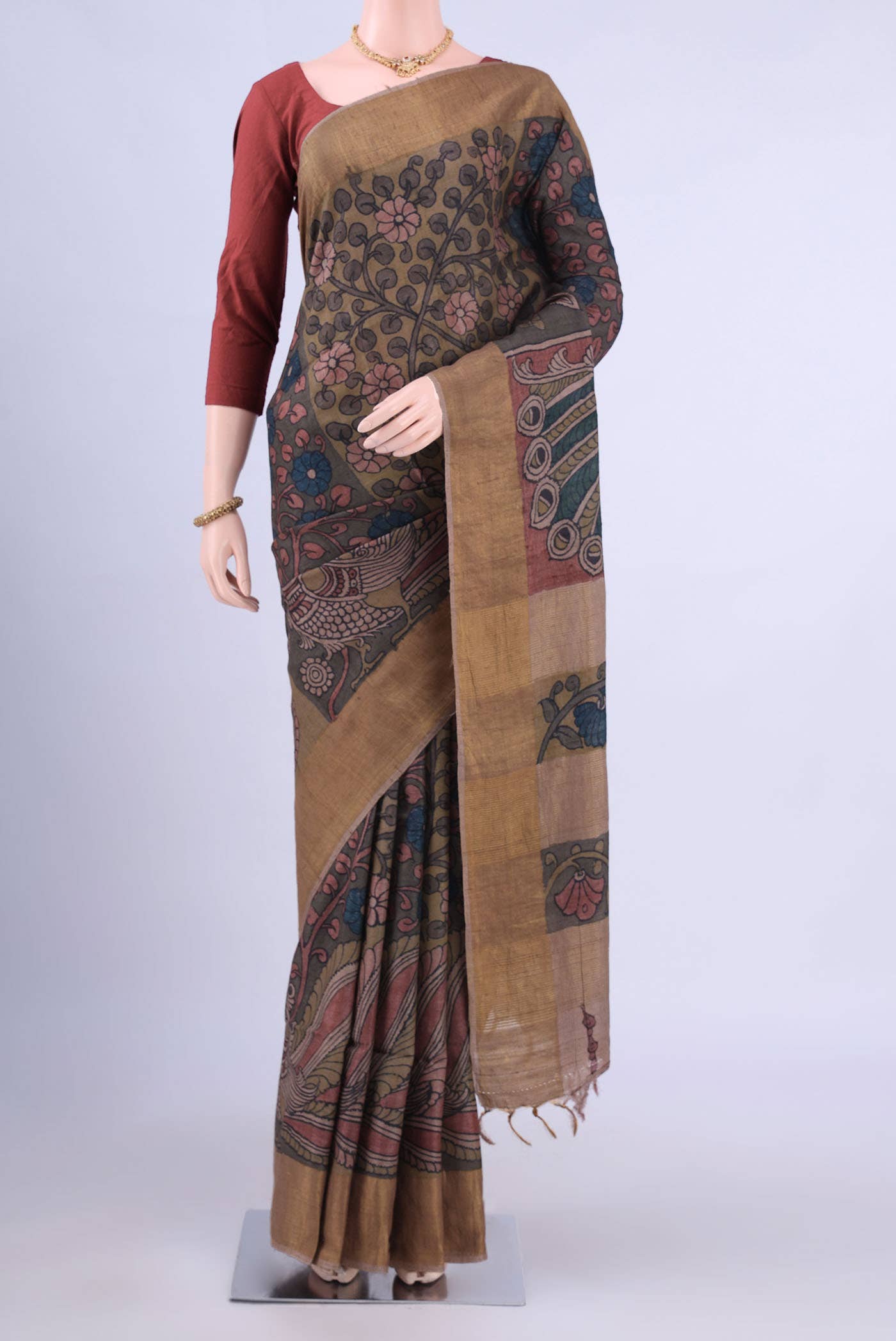 Dark Beige kalamkari Saree