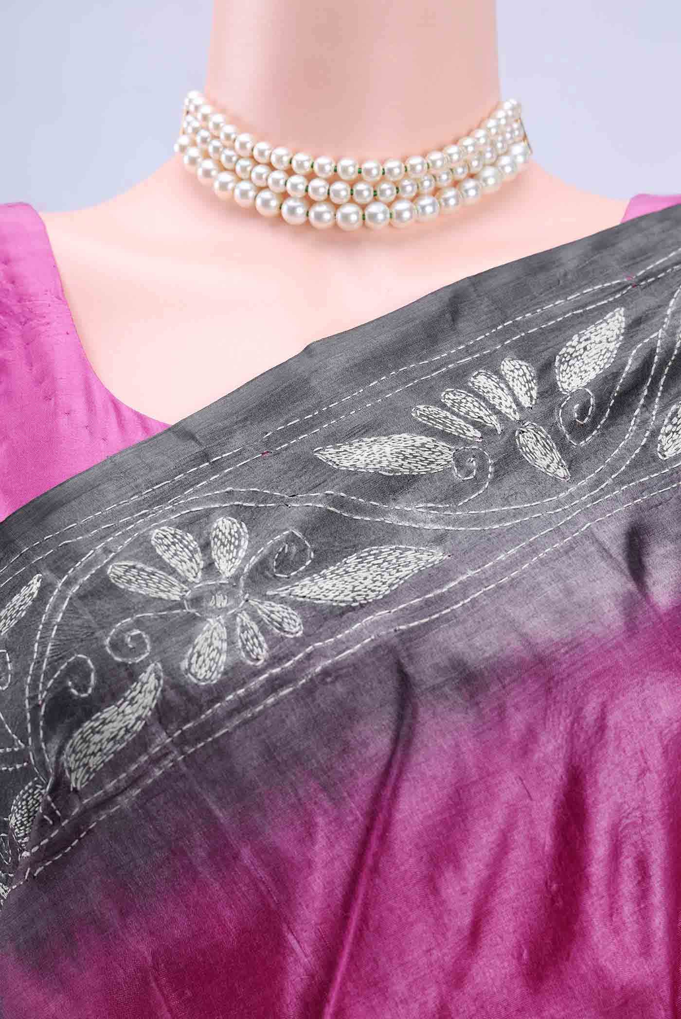 Davys Grey Kantha Silk Saree