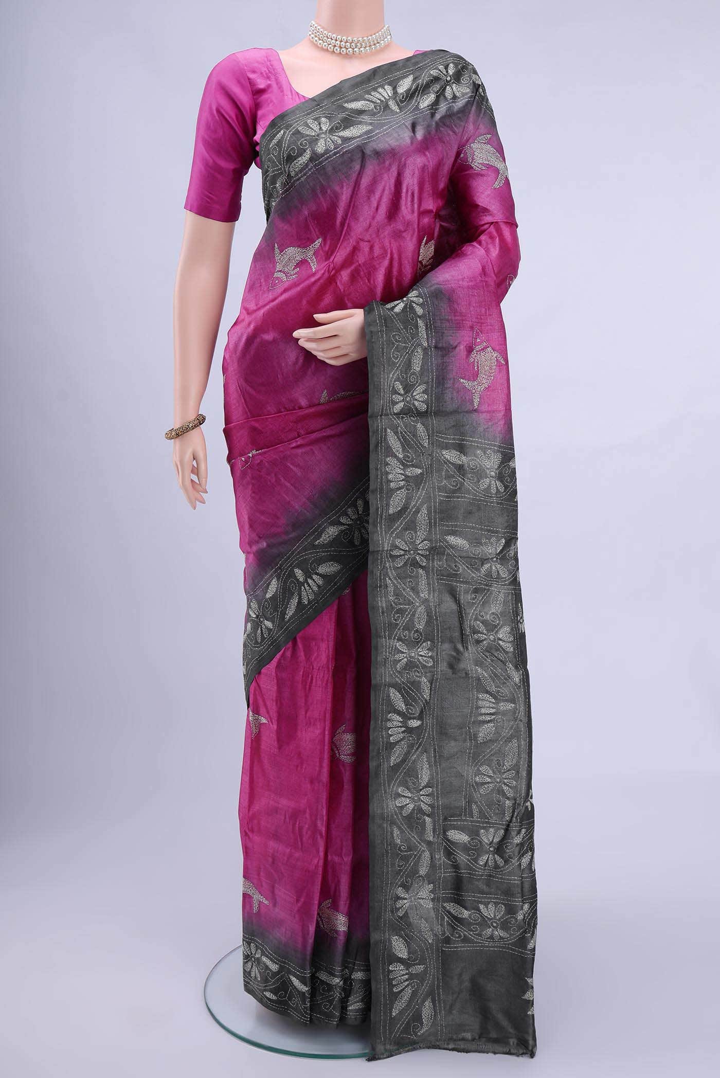 Davys Grey Kantha Silk Saree