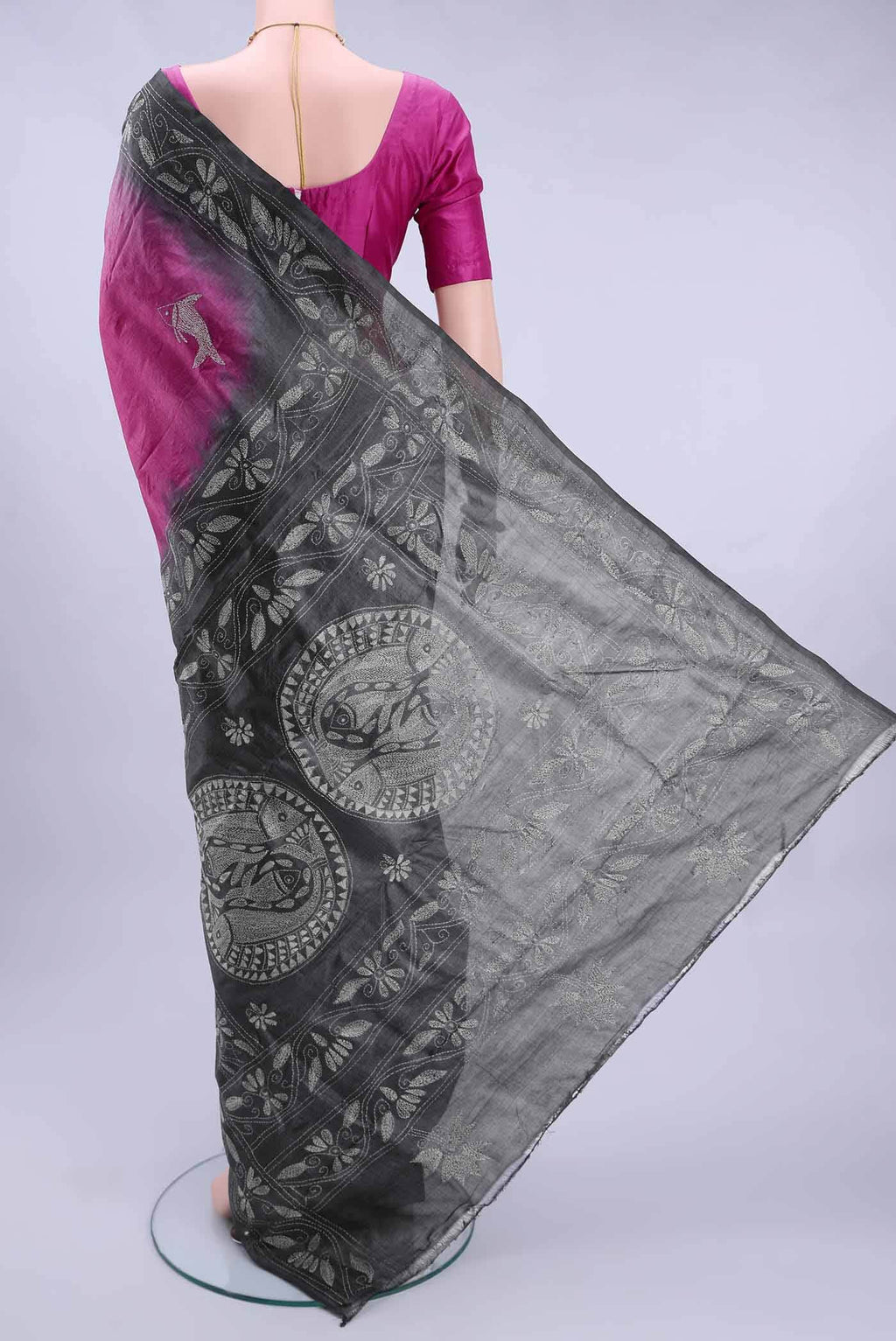 Davys Grey Kantha Silk Saree