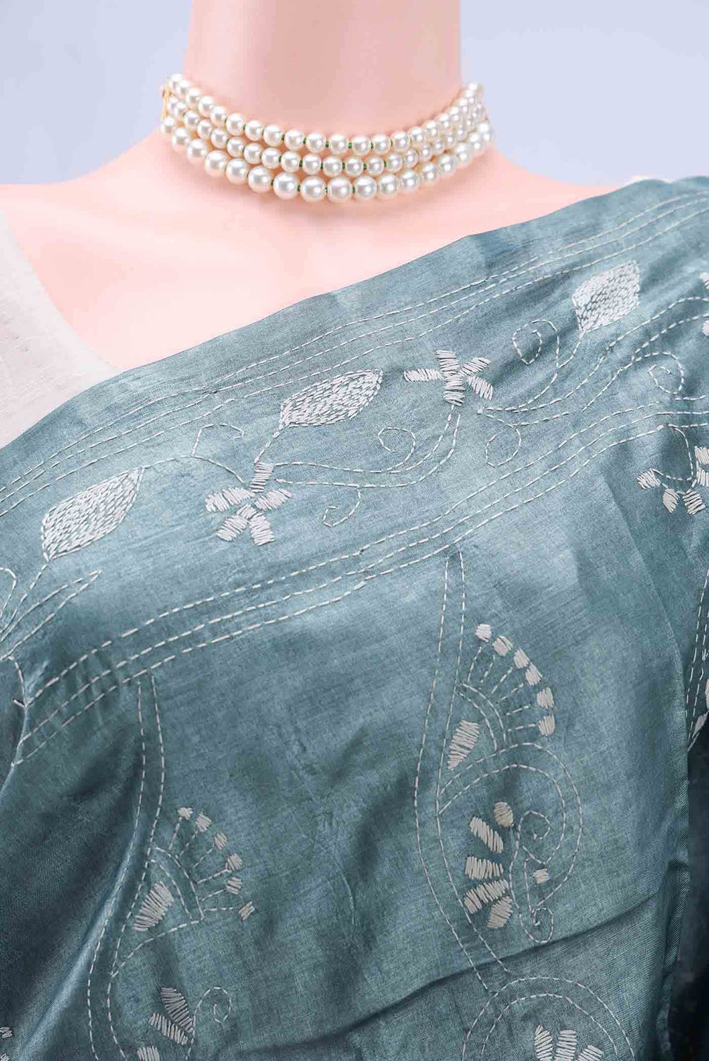 Blue Grey Kantha Silk Saree