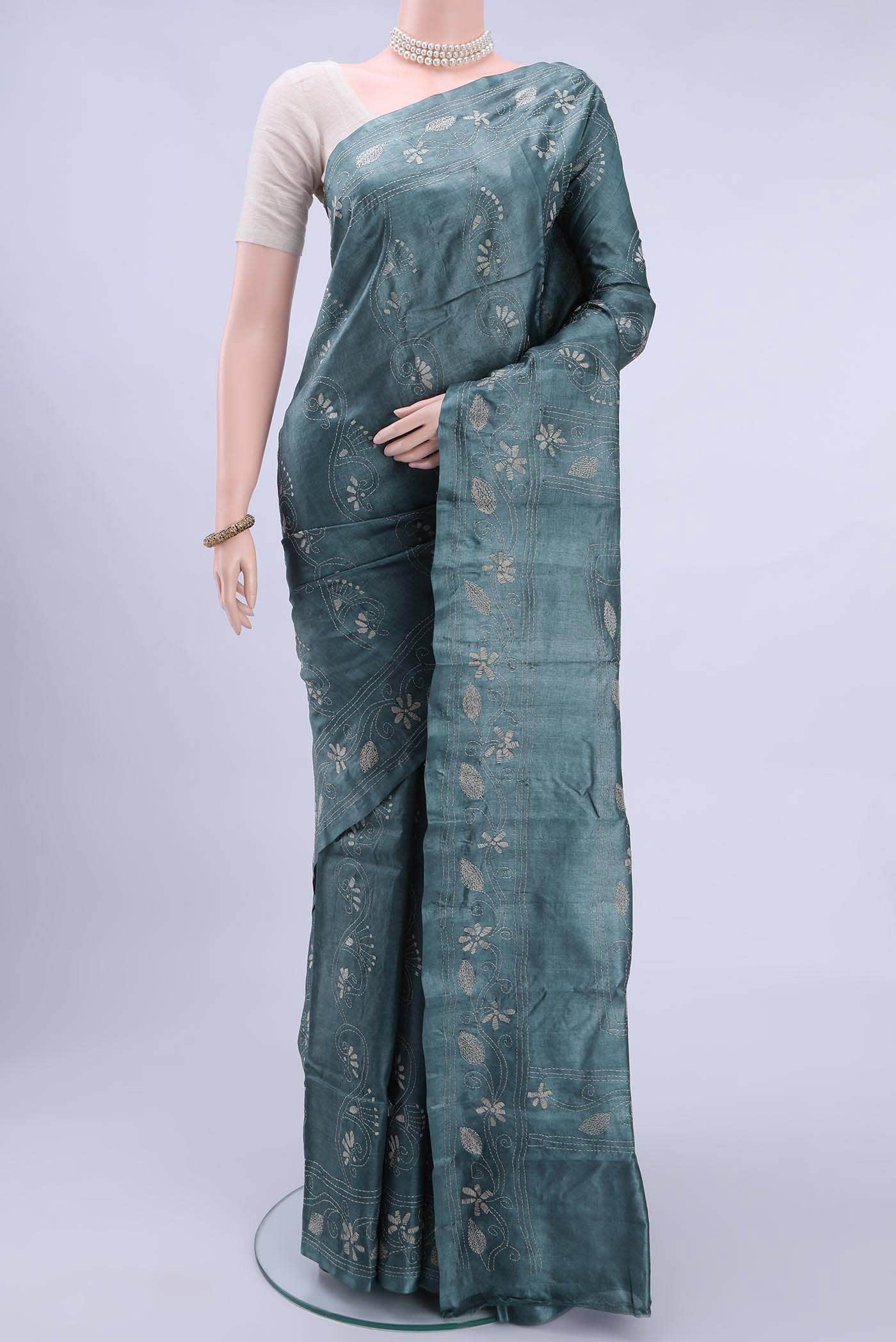 Blue Grey Kantha Silk Saree