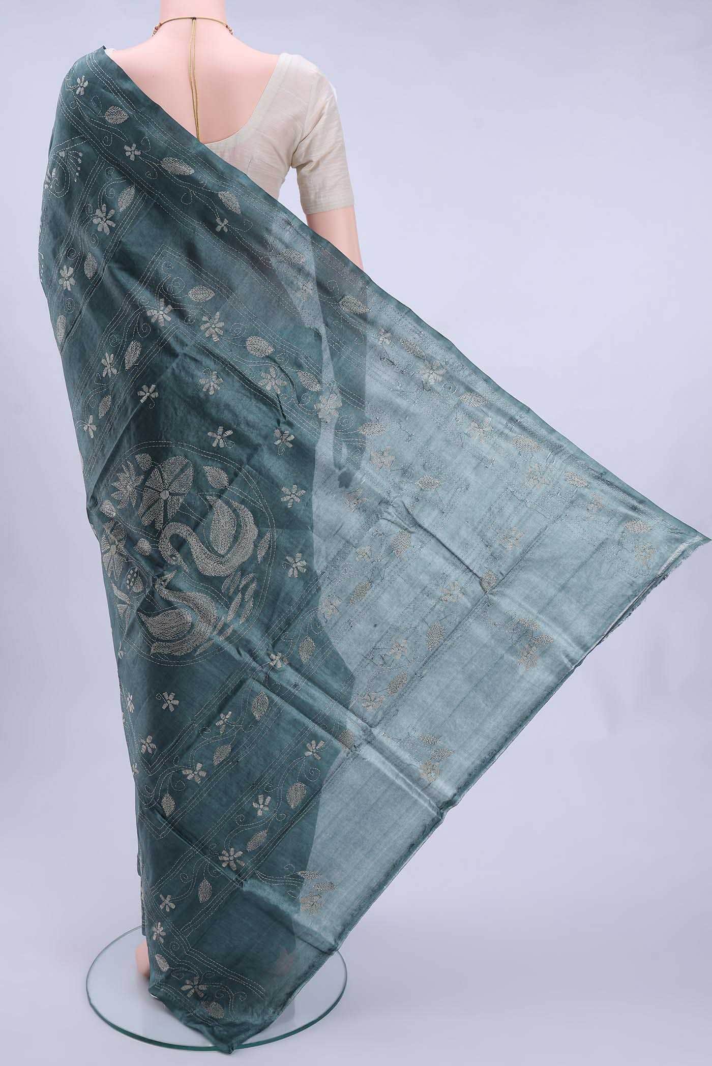 Blue Grey Kantha Silk Saree