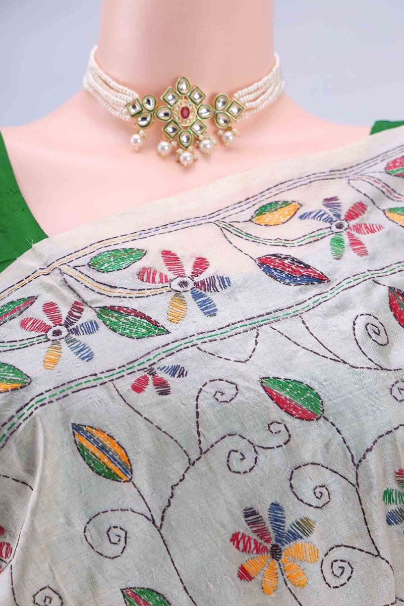 Off White Kantha Silk Saree