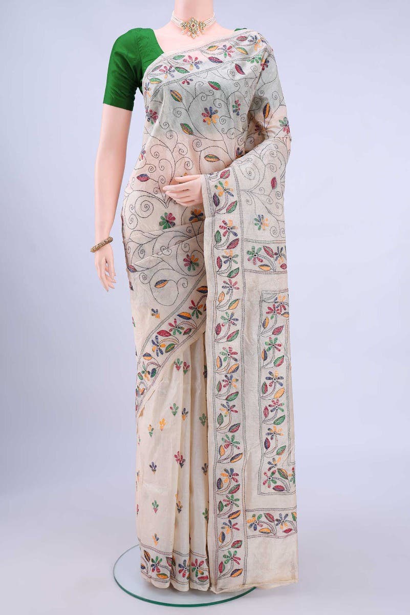 Off White Kantha Silk Saree