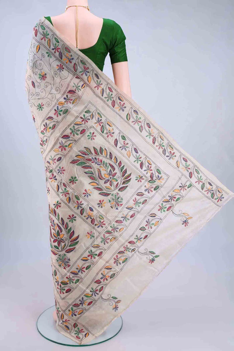 Off White Kantha Silk Saree