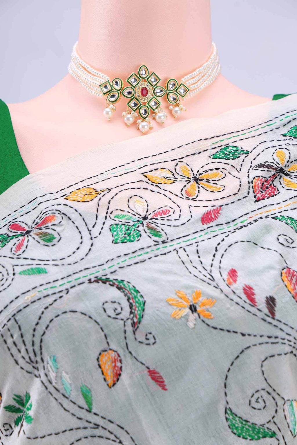 Off White Kantha Silk Saree