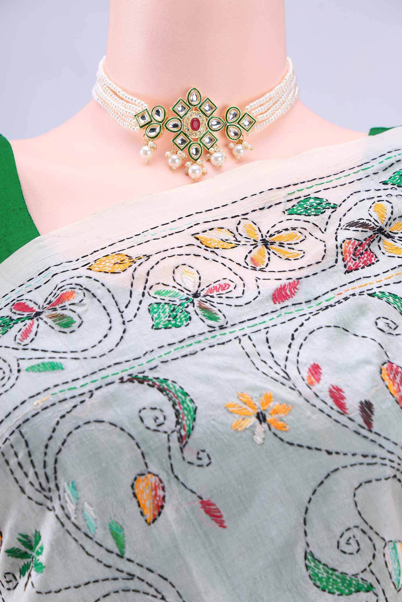 Off White Kantha Silk Saree