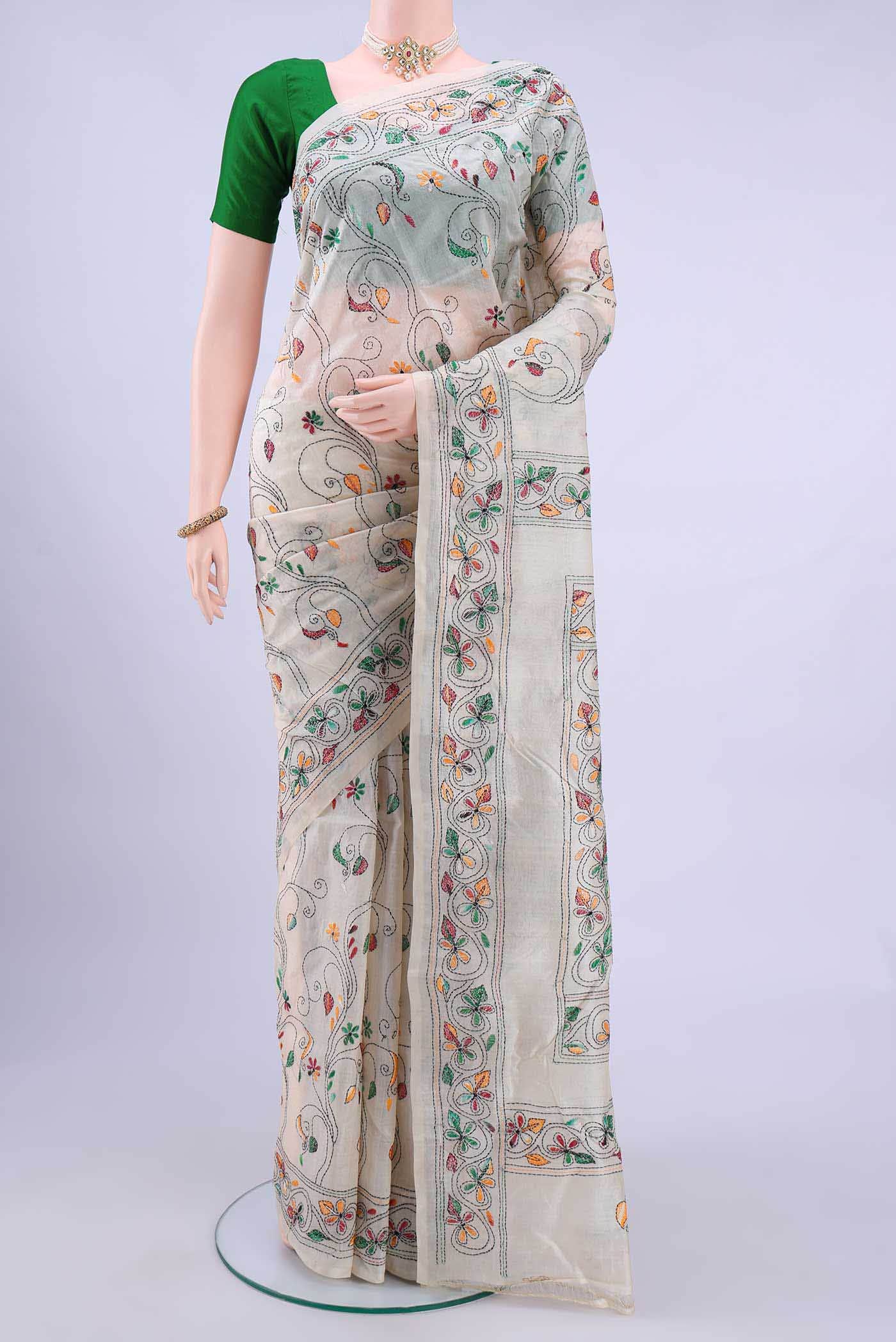 Off White Kantha Silk Saree