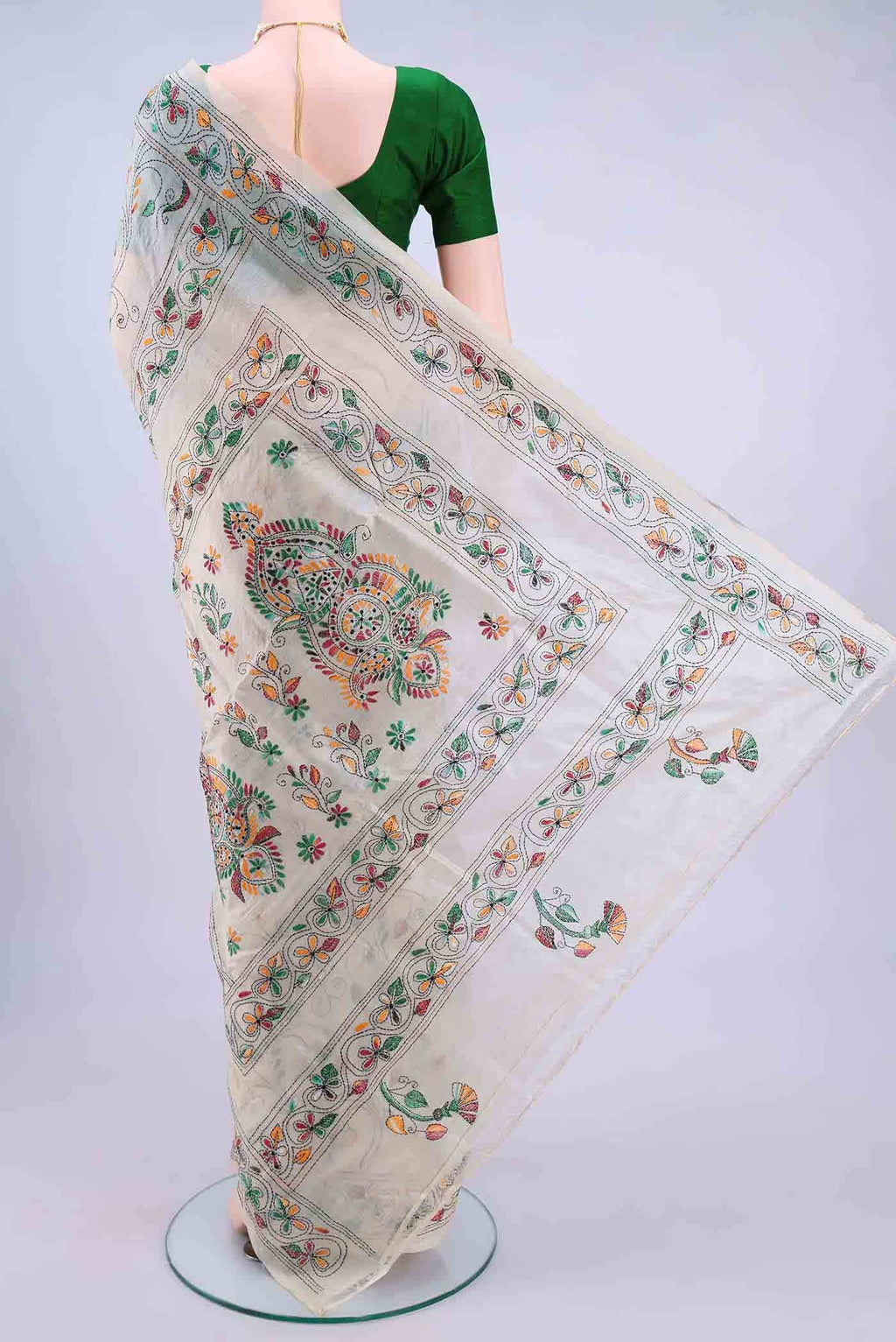 Off White Kantha Silk Saree