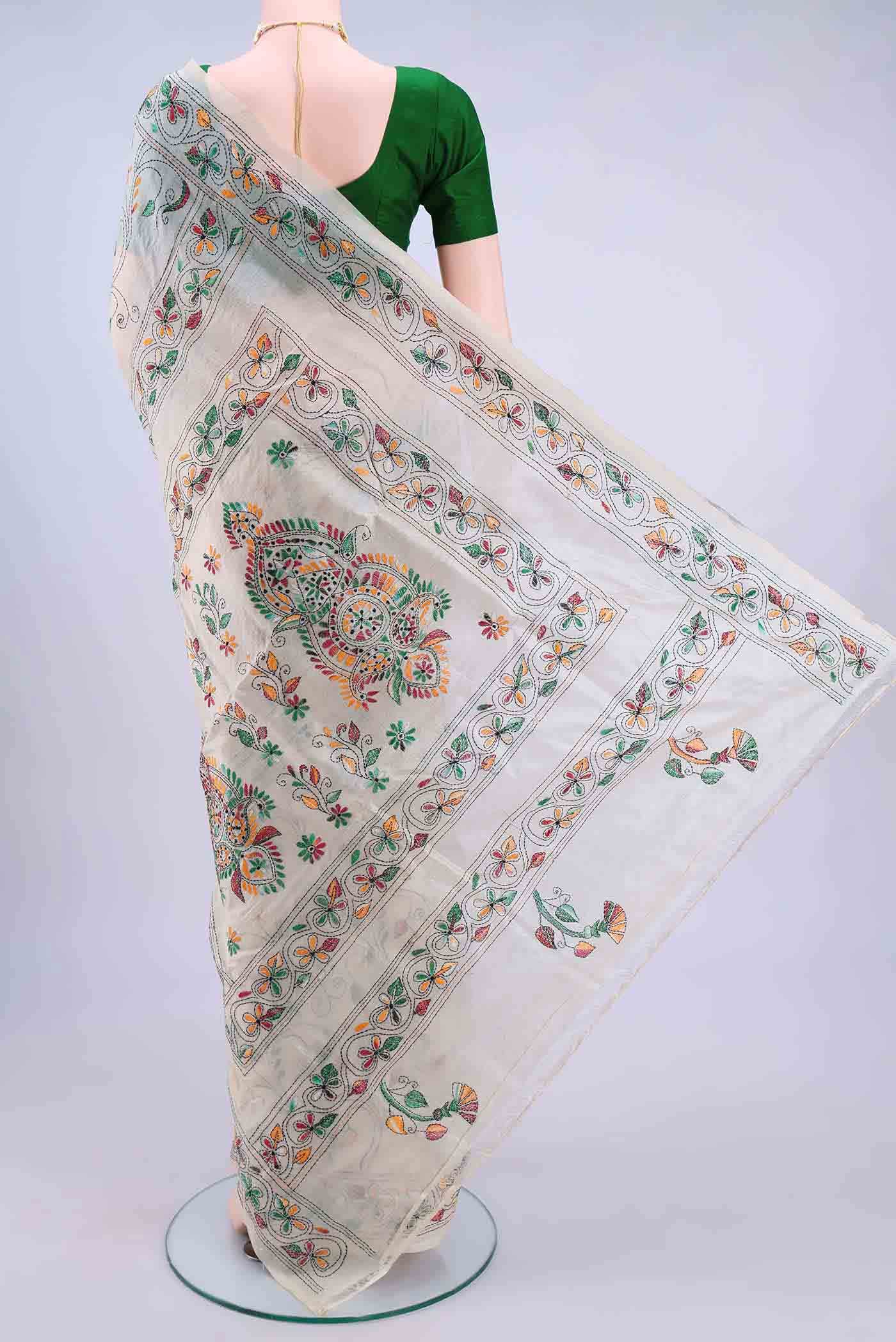 Off White Kantha Silk Saree