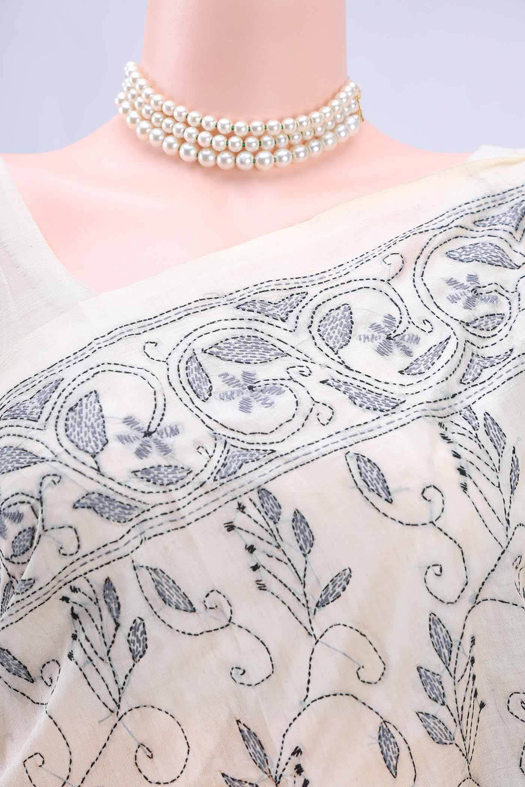 Off White Kantha Silk Saree